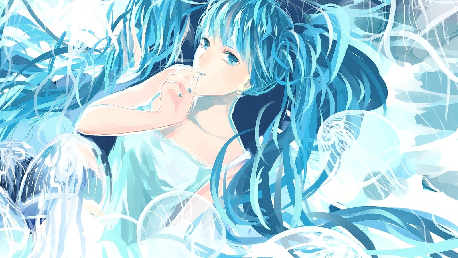 Hatsune Miku surrounded by jellyfish and flowing hair HD Wallpaper