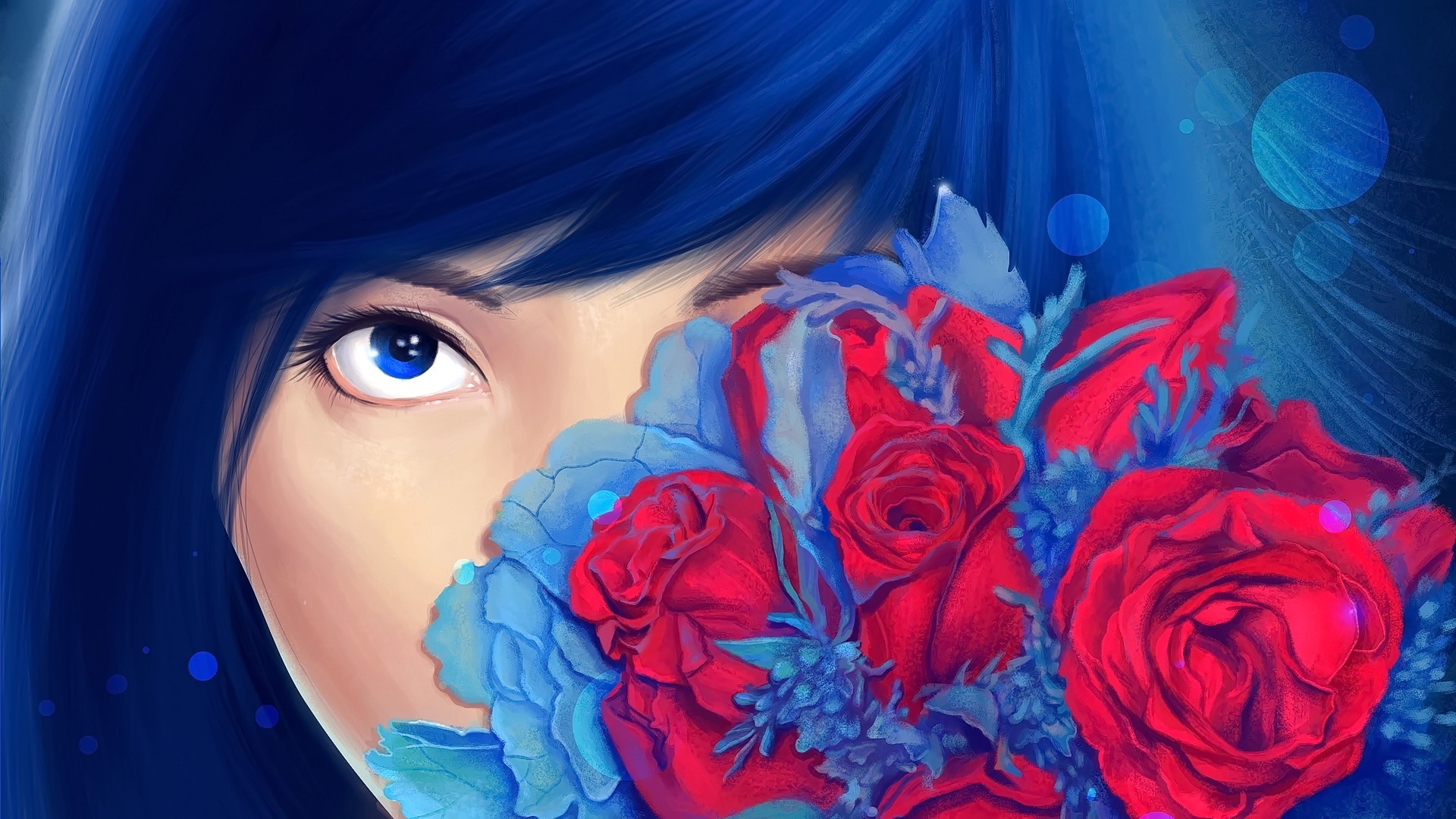 Anime girl with blue hair and red and blue flowers HD Wallpaper