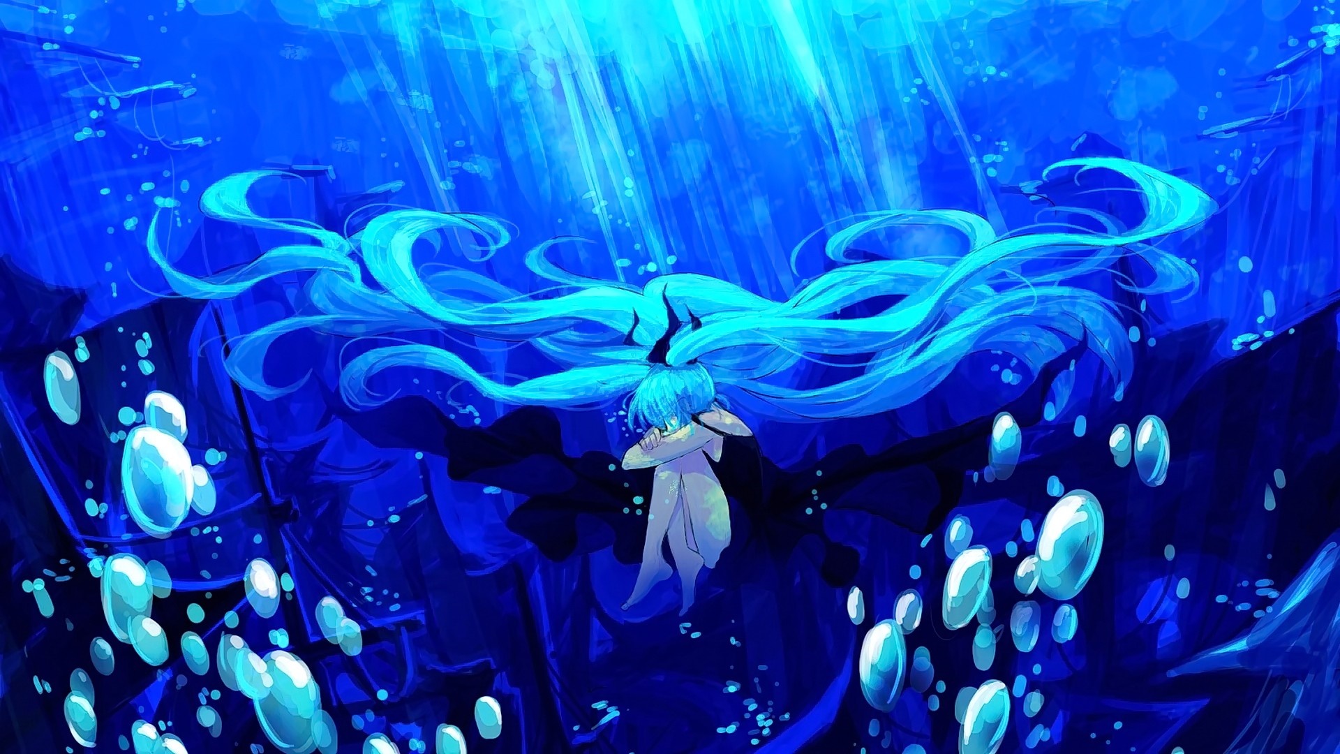 Hatsune Miku underwater with long blue hair HD Wallpaper