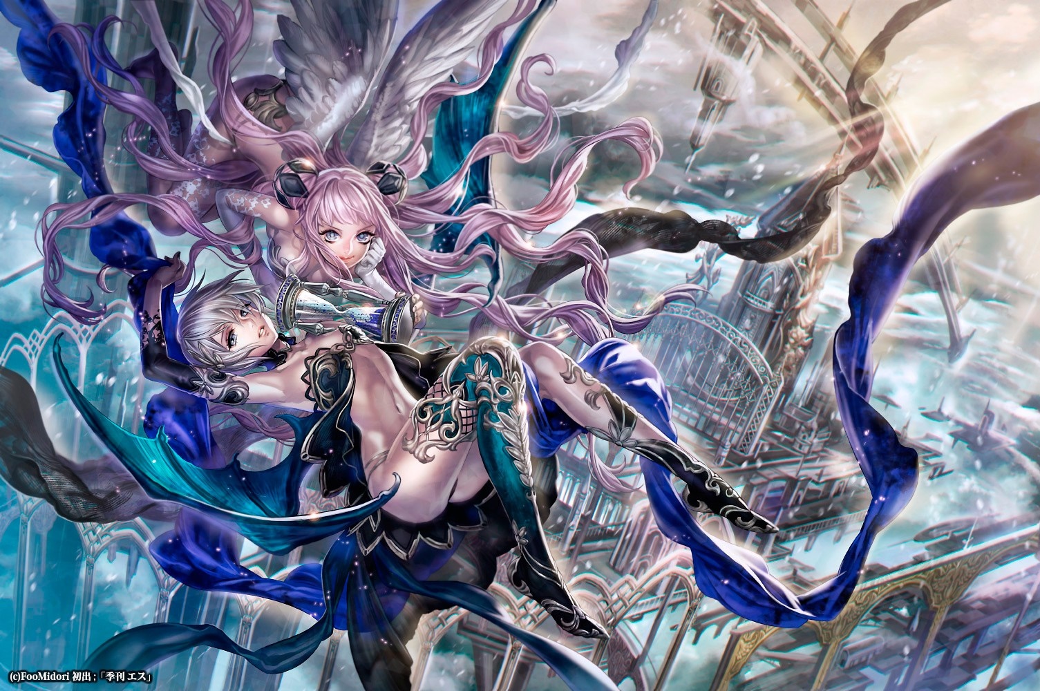 Two anime characters with wings and hourglass in fantasy setting HD Wallpaper