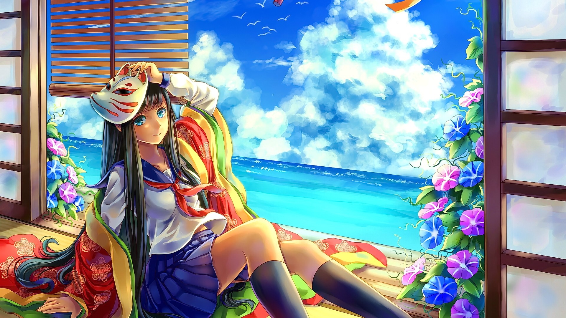 Anime girl in sailor uniform with mask by the sea HD Wallpaper