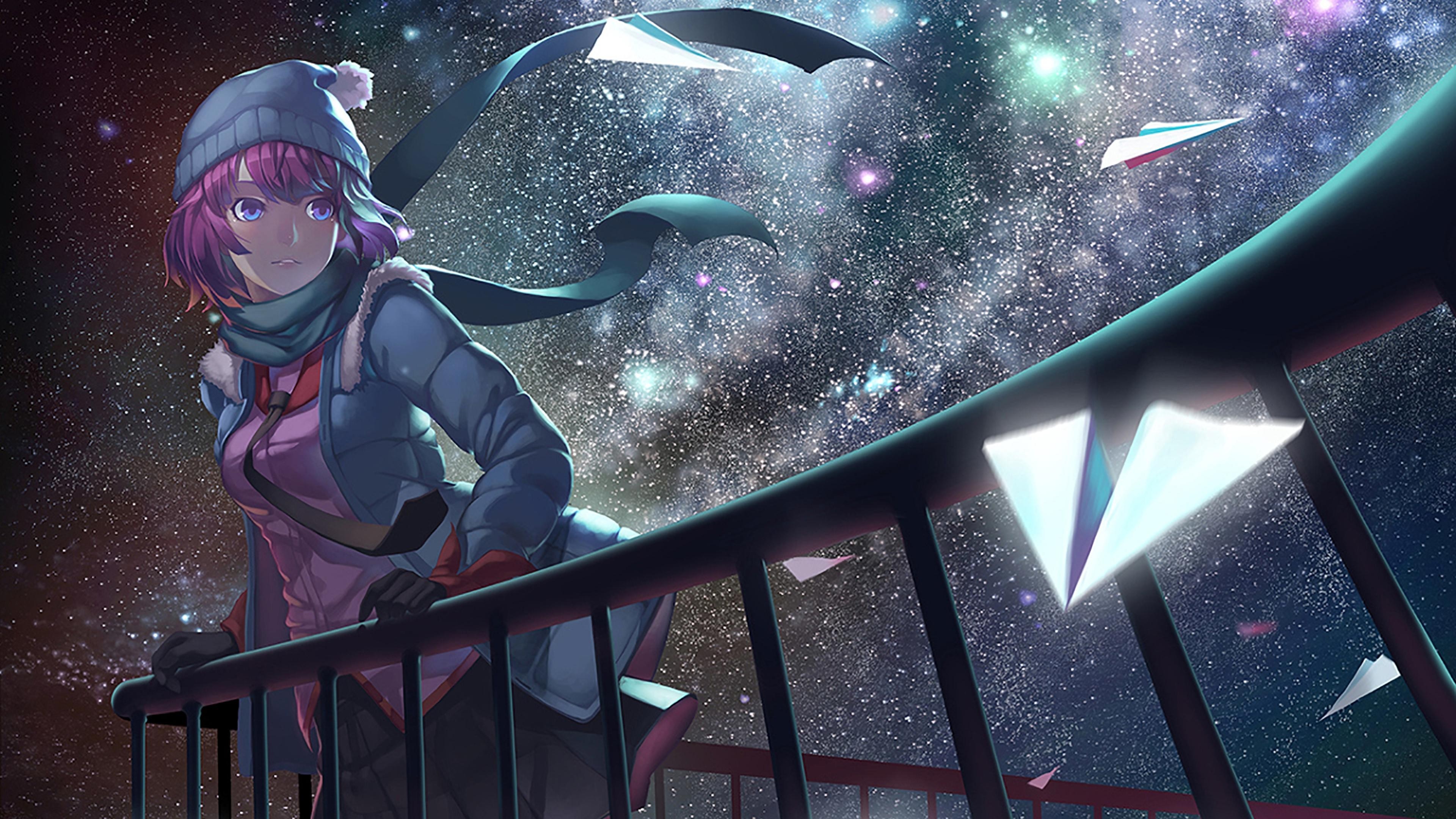 Girl in winter clothes looking at paper airplanes in space HD Wallpaper