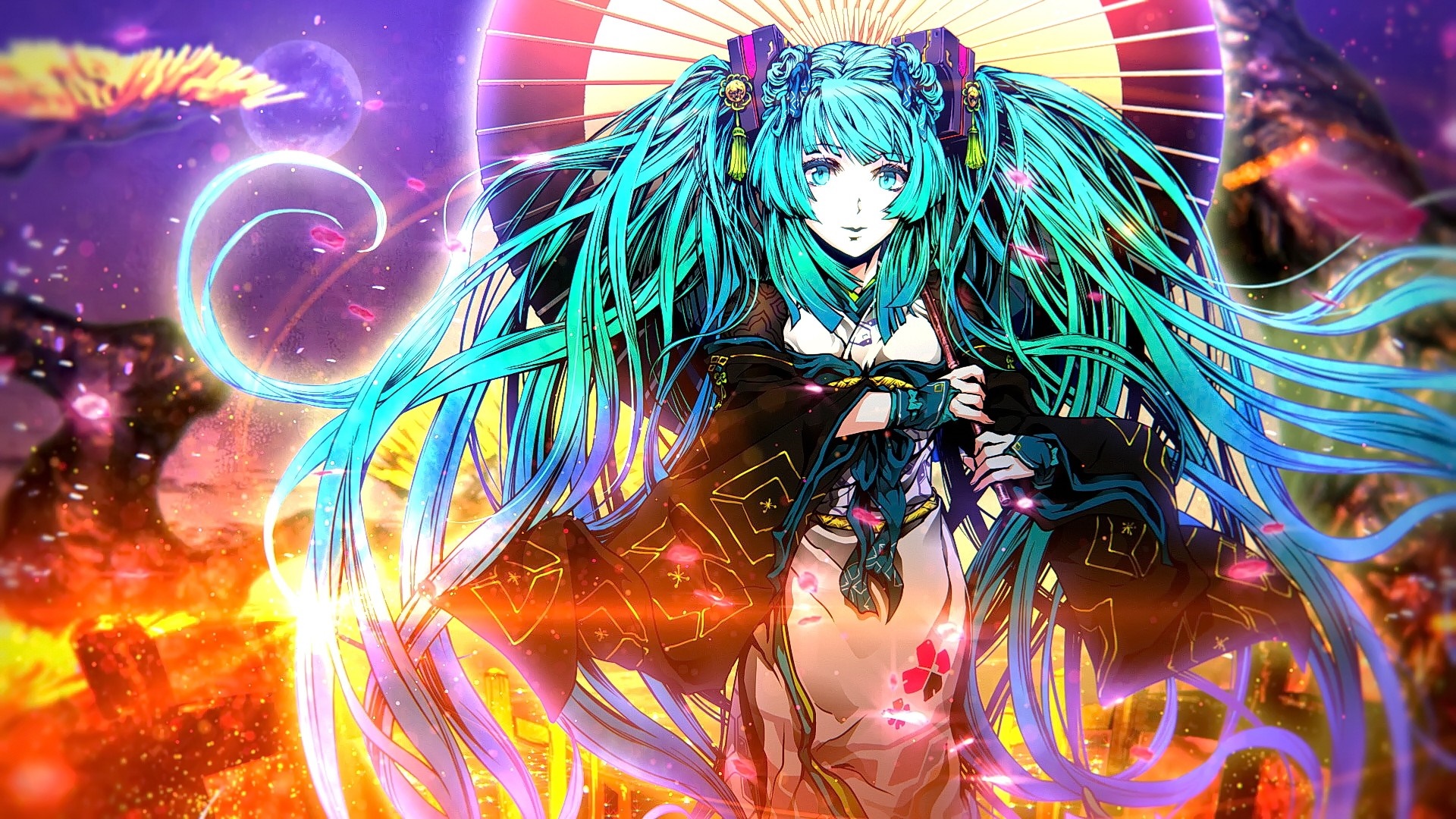 Hatsune Miku in traditional Japanese attire with a parasol HD Wallpaper