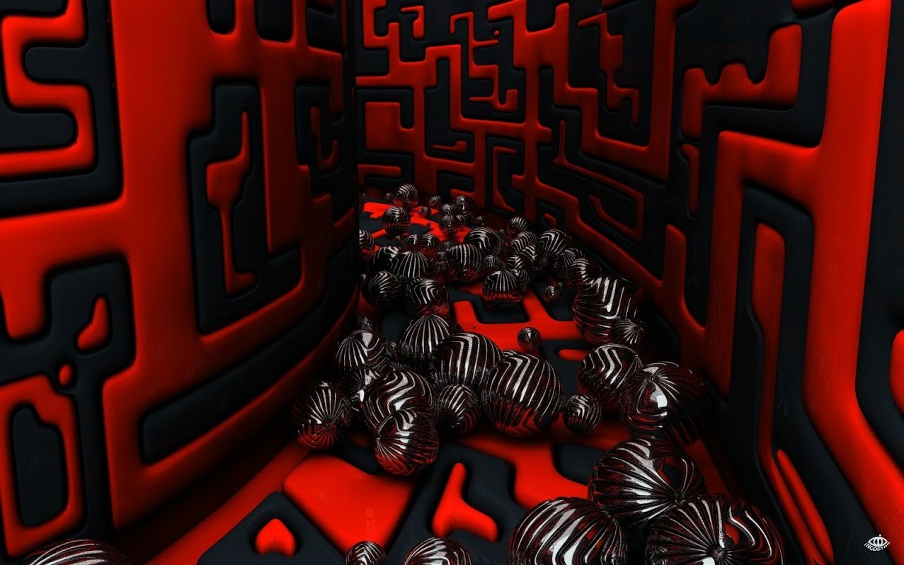 Red and black maze with metallic spheres HD Wallpaper