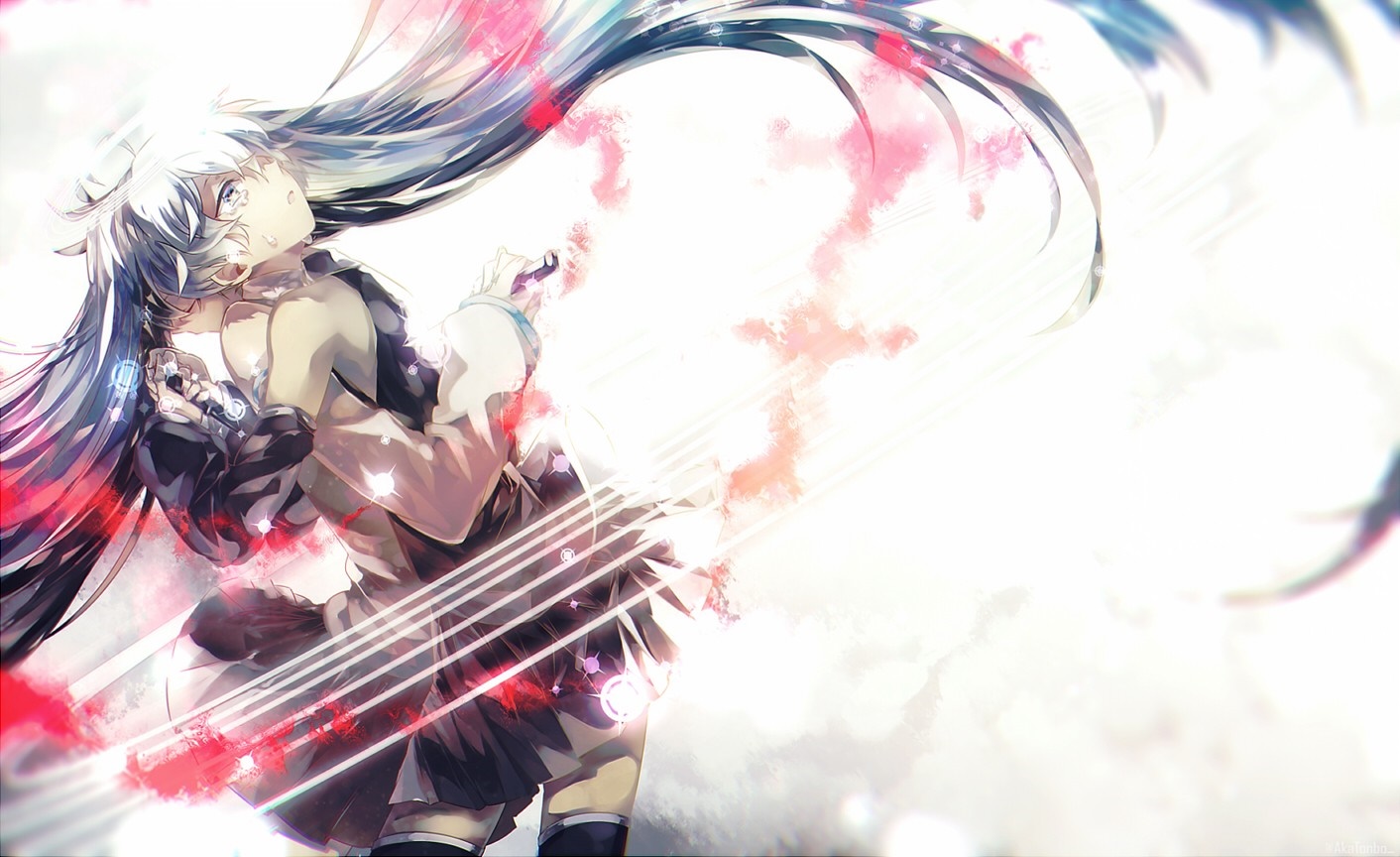 Hatsune Miku singing with pink and blue effects HD Wallpaper