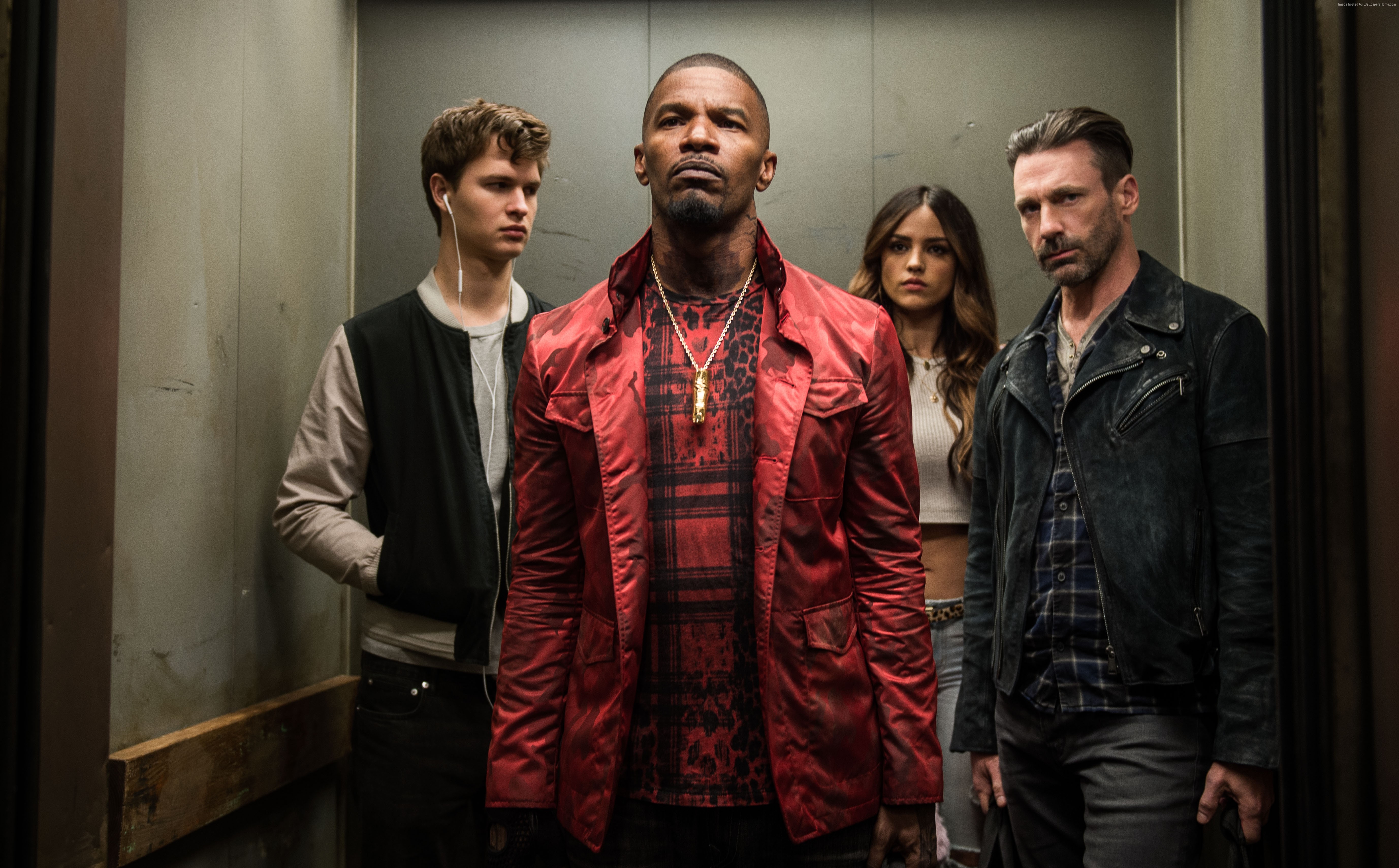 Jamie Foxx, Ansel Elgort, Eiza Gonzalez, Jon Hamm in an elevator HD Wallpaper