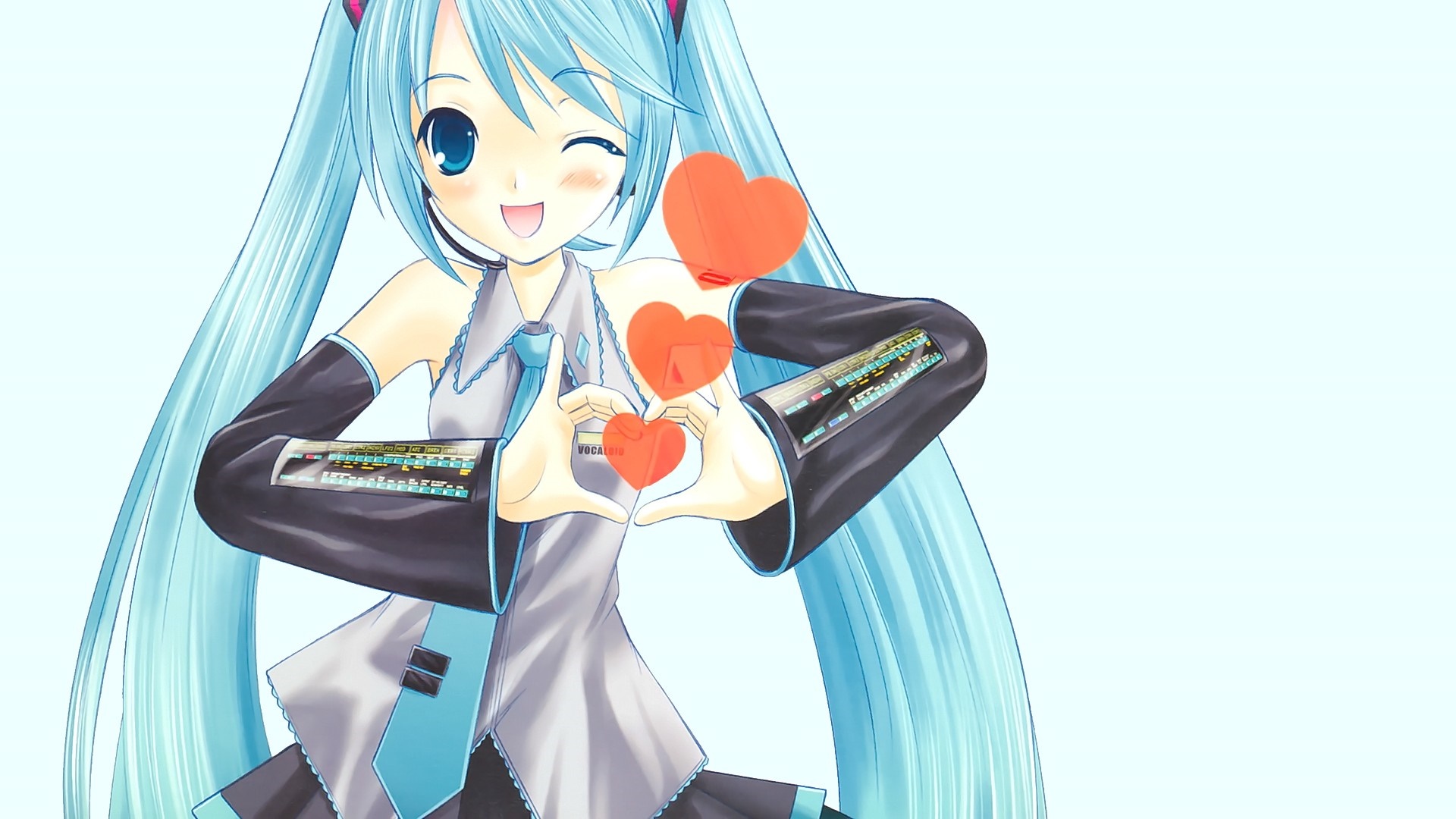 Hatsune Miku making heart shape with hands and hearts HD Wallpaper