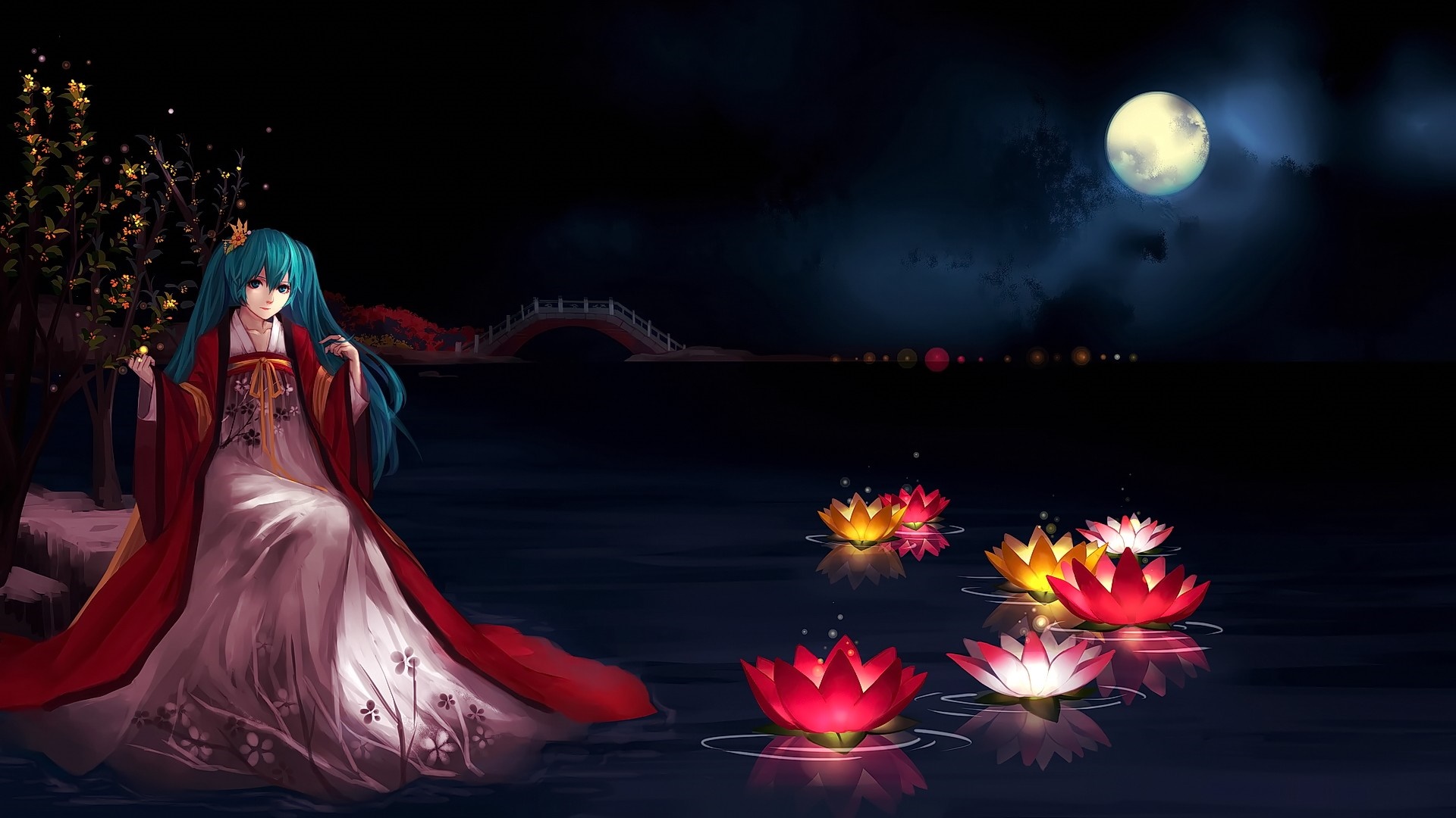 Hatsune Miku in Japanese clothes by a lake at night HD Wallpaper