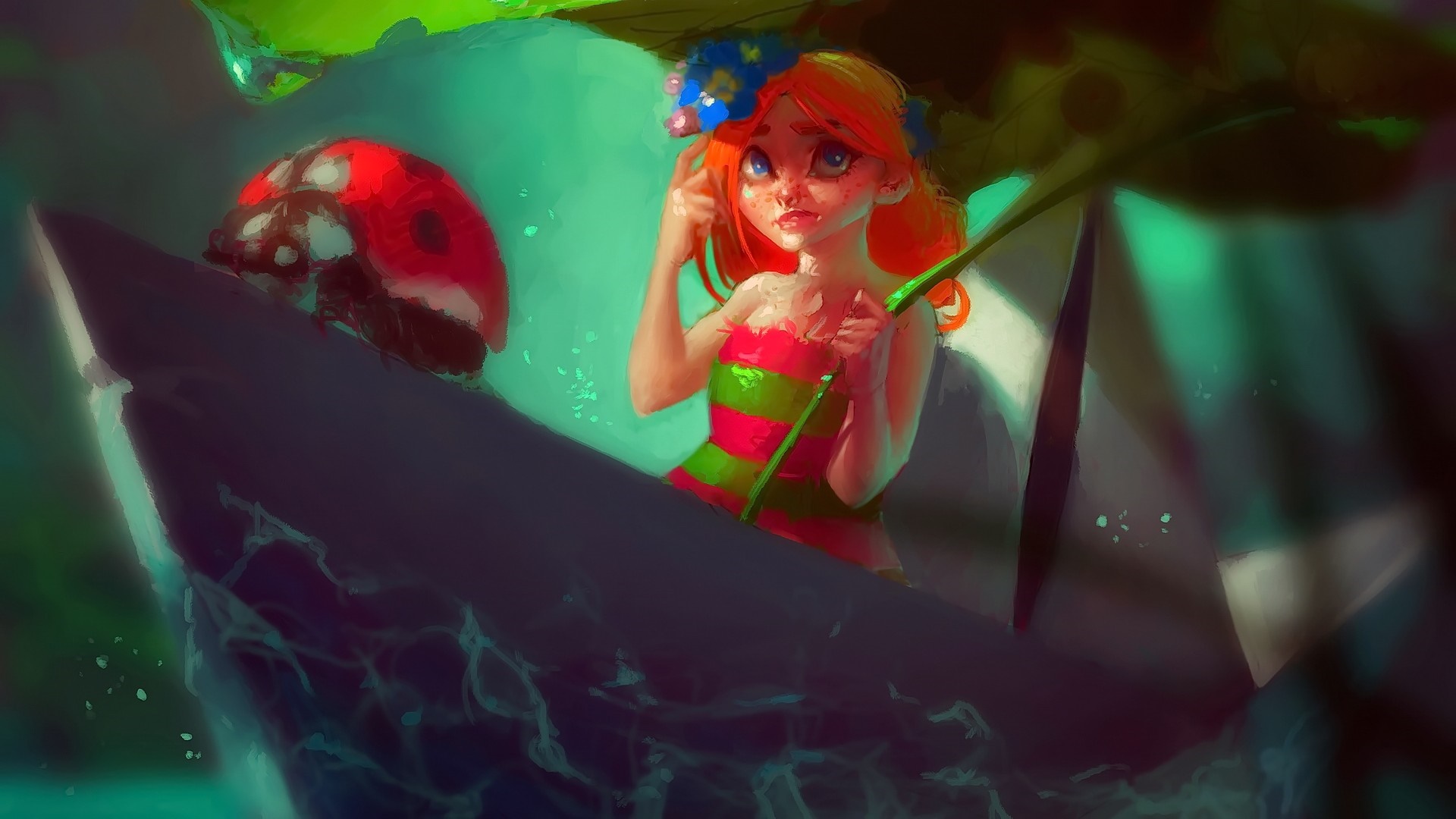 Anime girl in a boat with a ladybug HD Wallpaper