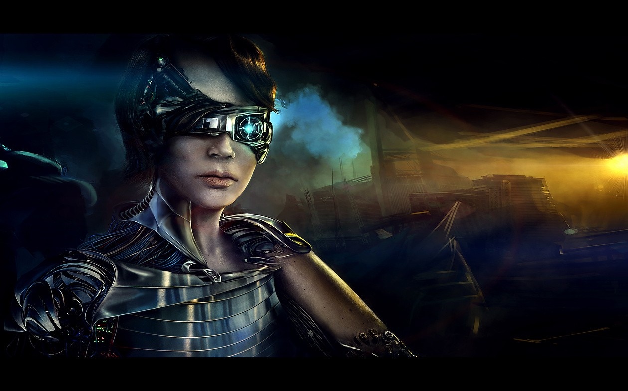 Woman with cybernetic eye and armor in a futuristic city HD Wallpaper