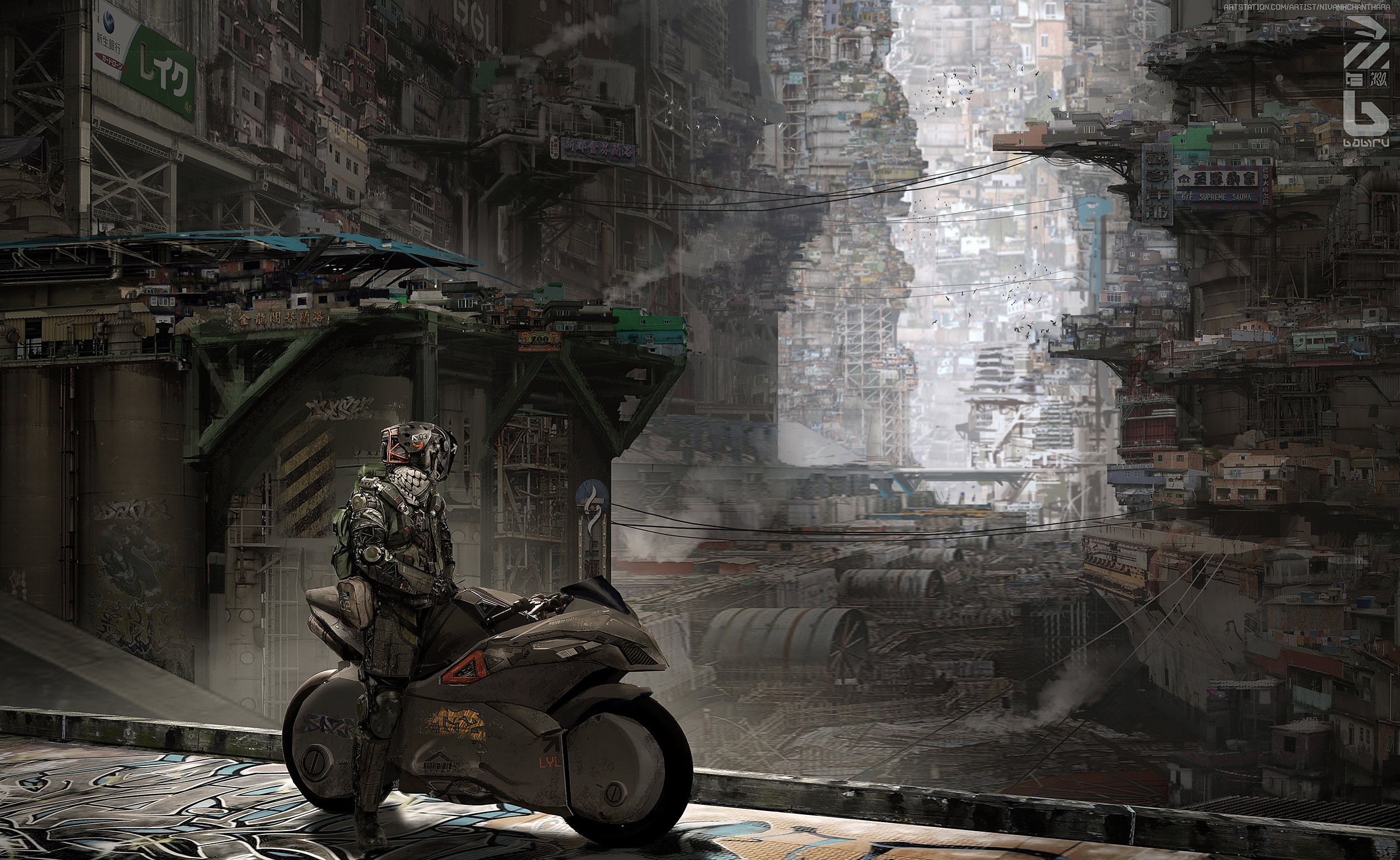 Soldier on a motorcycle in a futuristic city HD Wallpaper