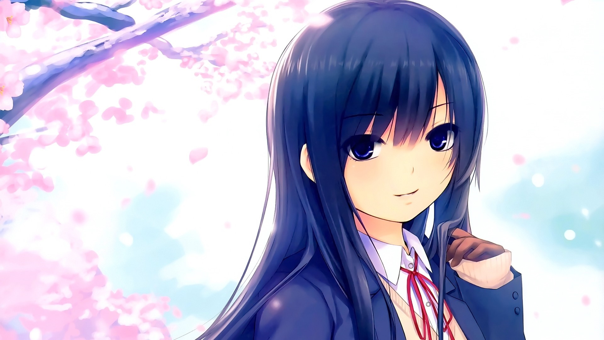 Anime girl with black hair and blue eyes with cherry blossoms HD Wallpaper