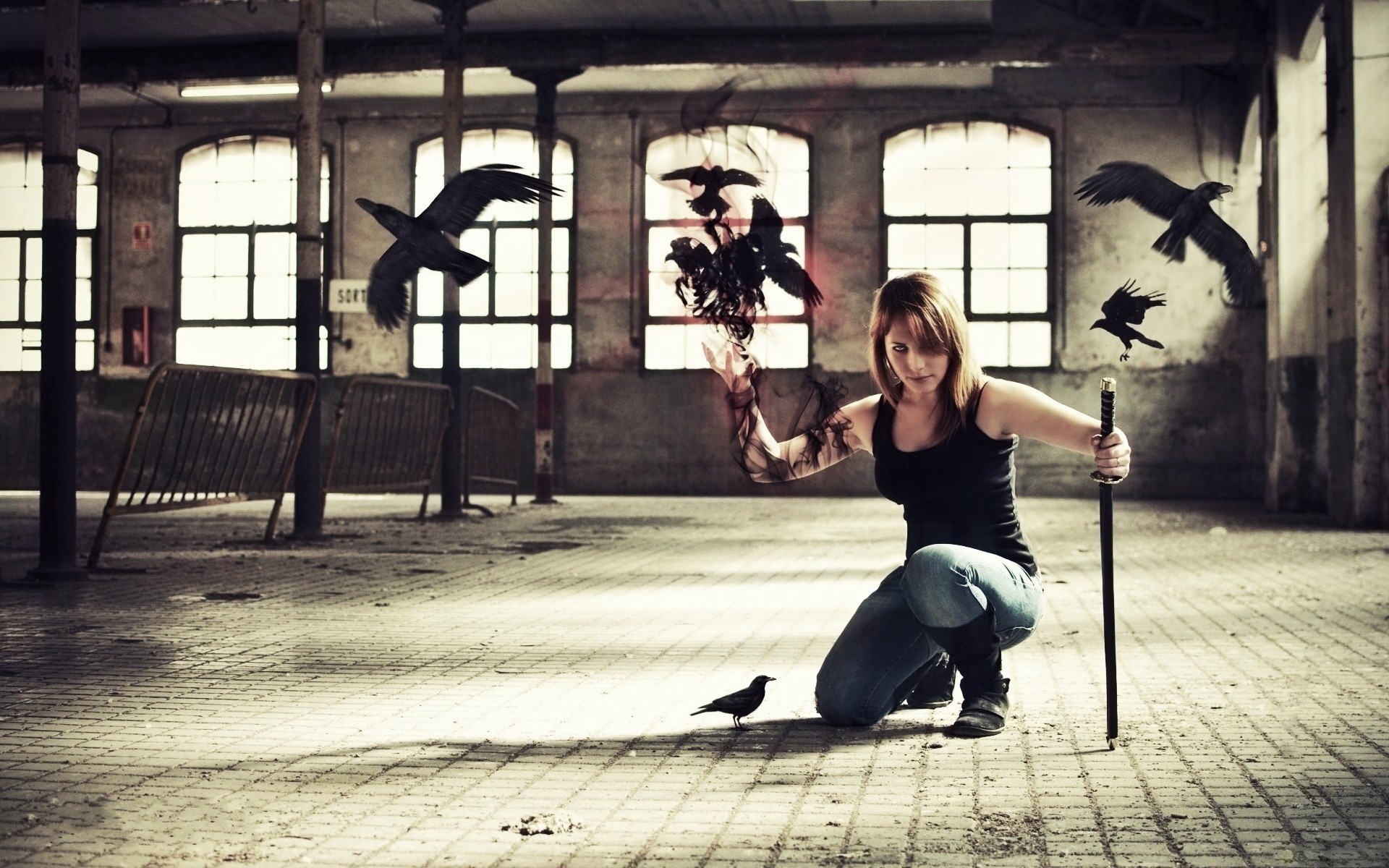 Woman with sword and crows in abandoned building HD Wallpaper