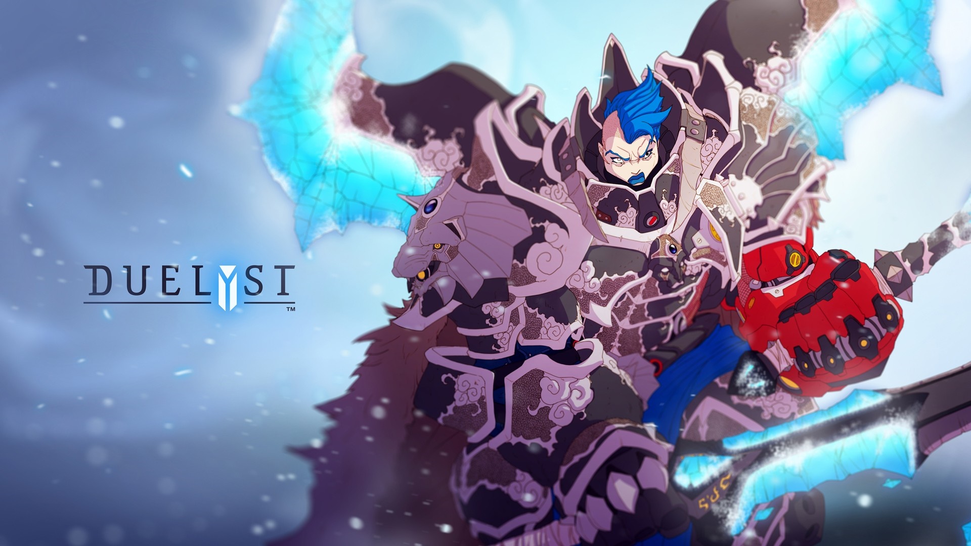 Duelyst artwork of a warrior with blue hair and armor HD Wallpaper