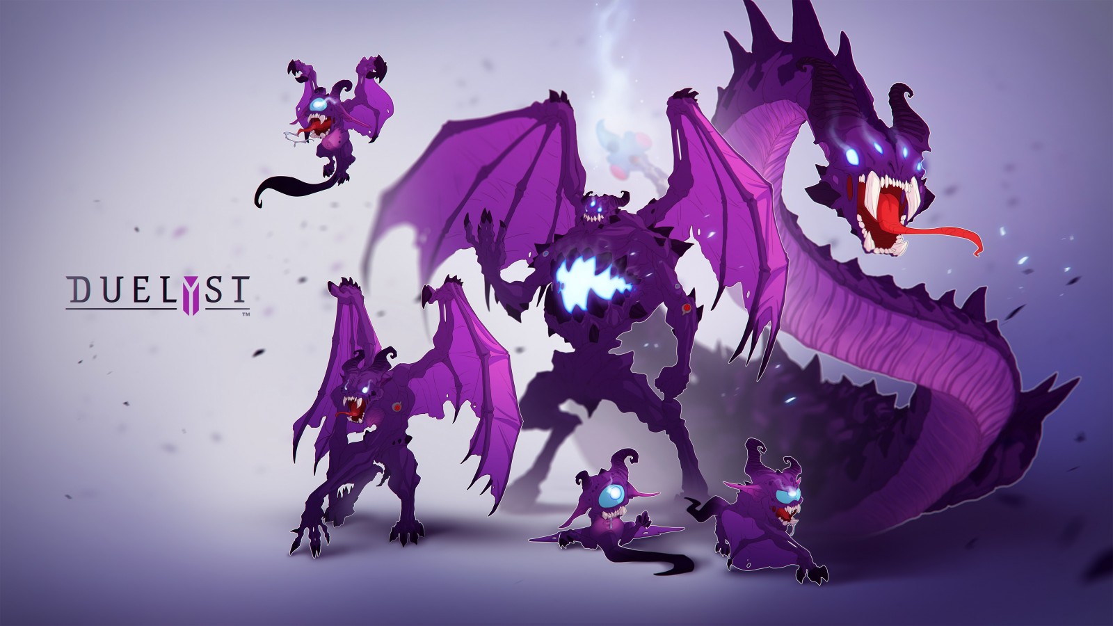 Duelyst artwork featuring purple demons and a dragon HD Wallpaper
