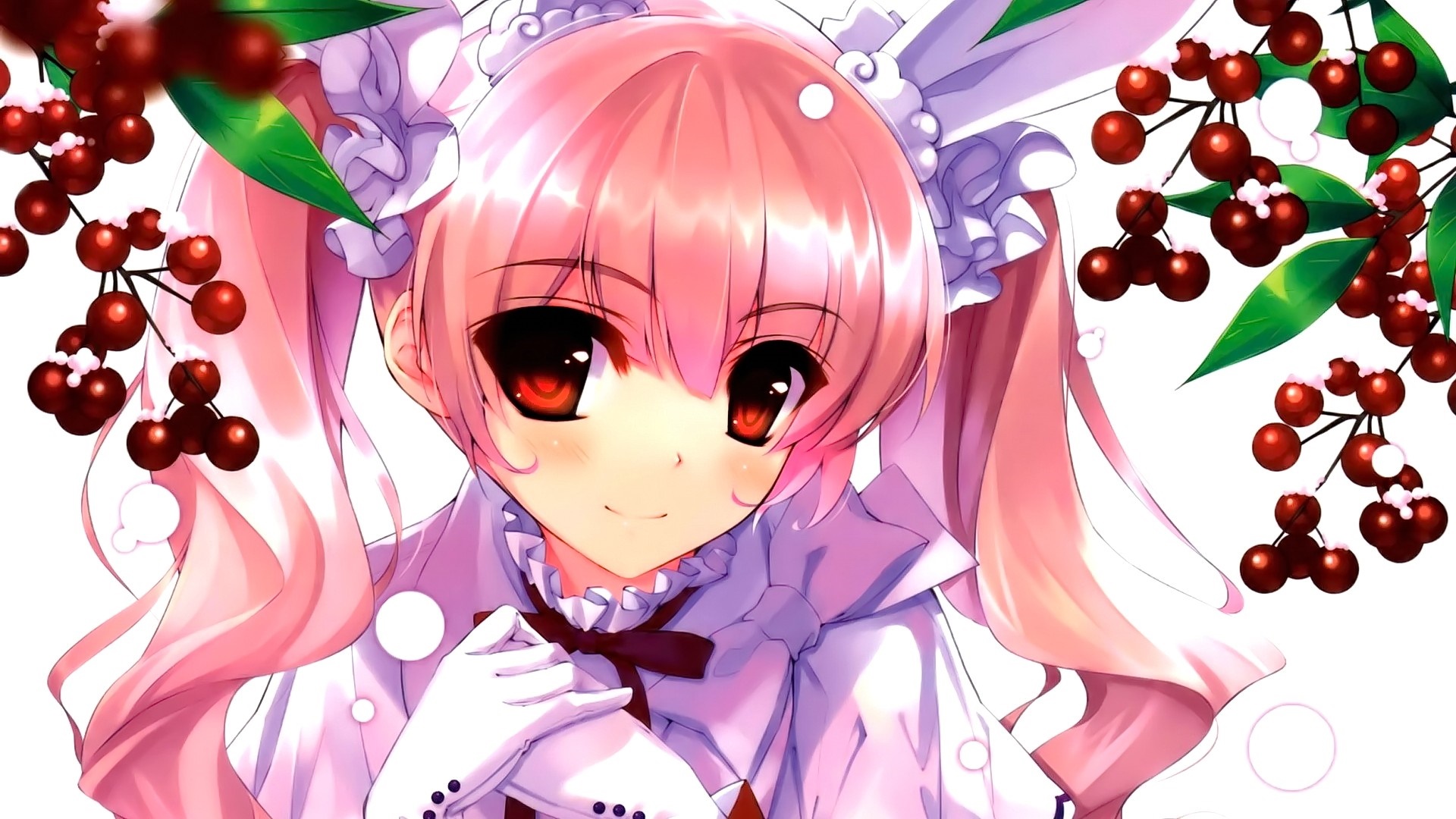 Anime girl with pink hair and red eyes with berries HD Wallpaper
