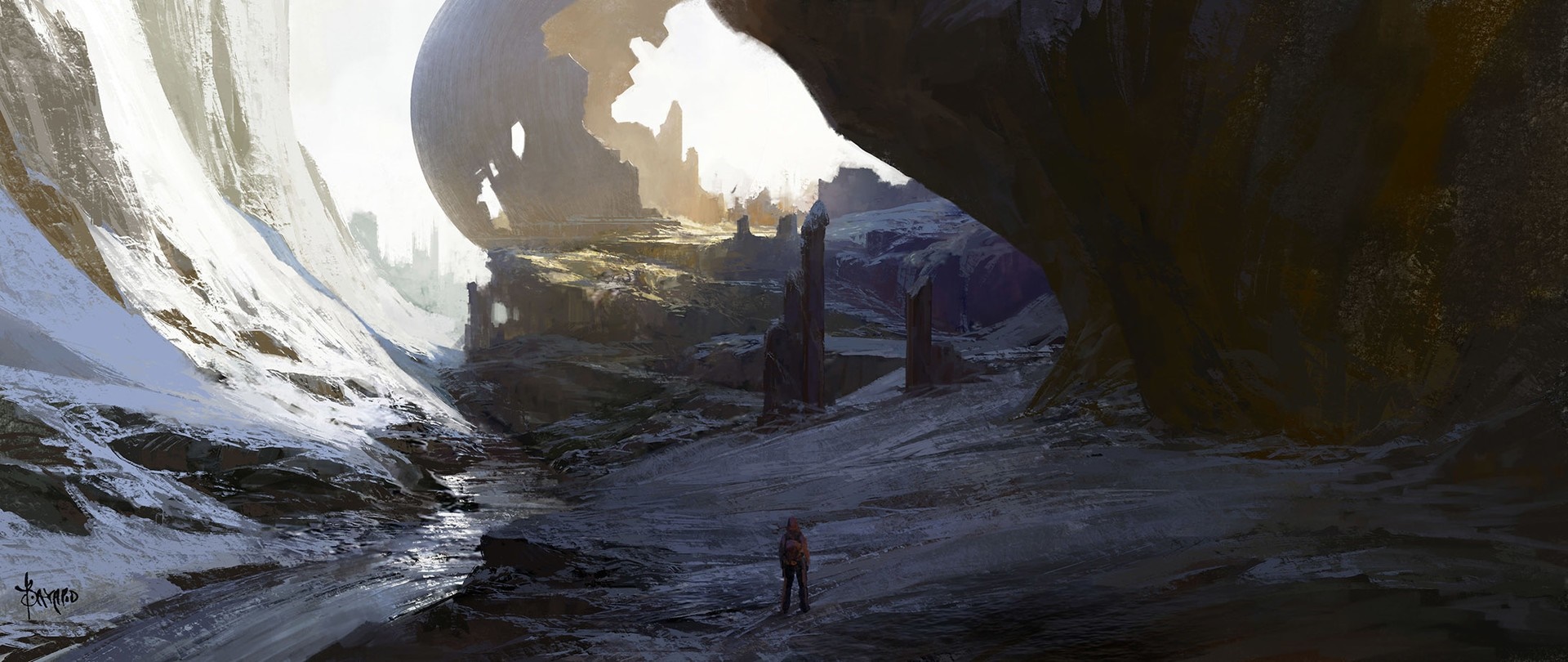 Sci-fi landscape with a person in a canyon HD Wallpaper
