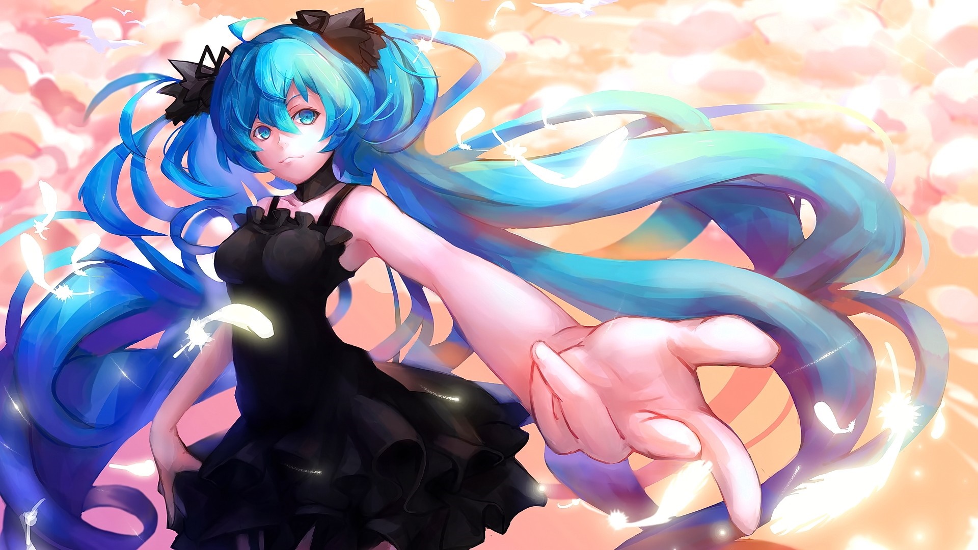 Hatsune Miku from Vocaloid in a black dress with blue hair HD Wallpaper
