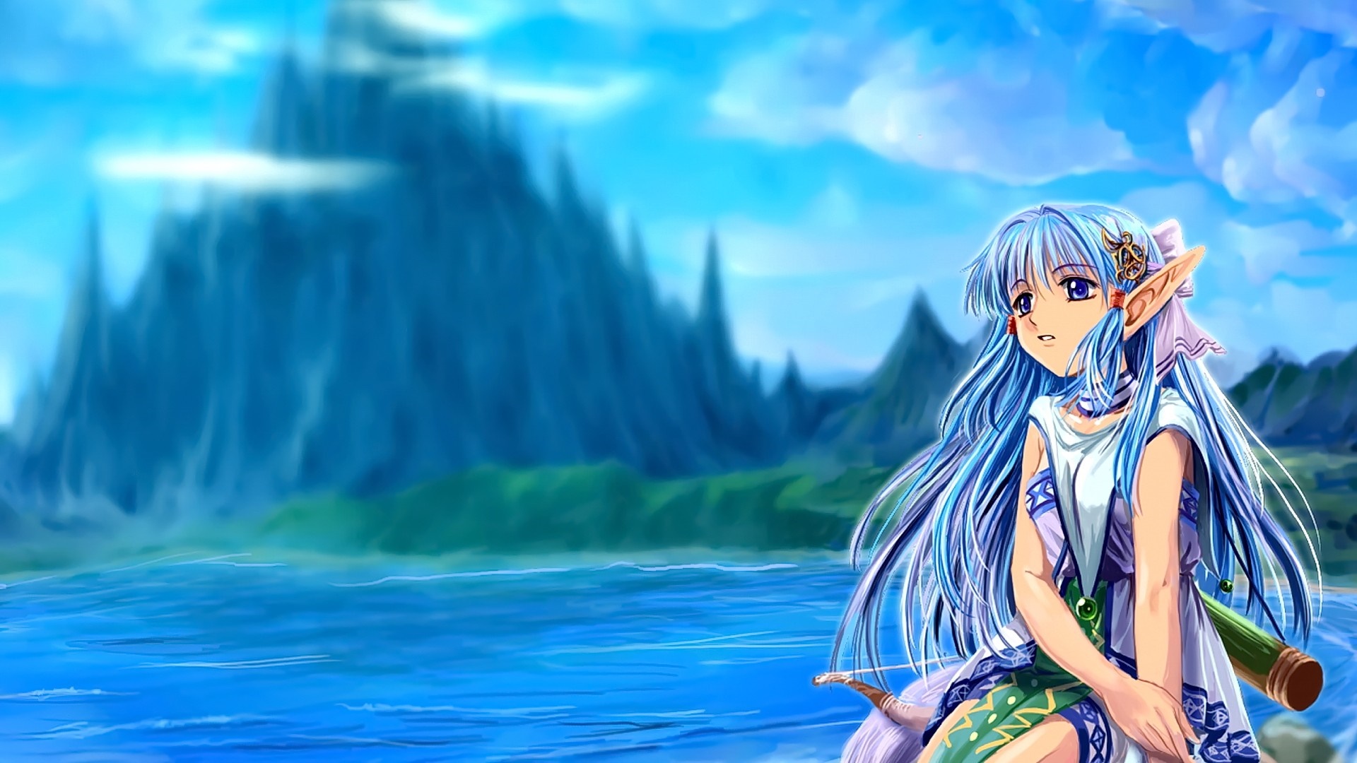 Anime girl with blue hair and pointed ears by the water HD Wallpaper
