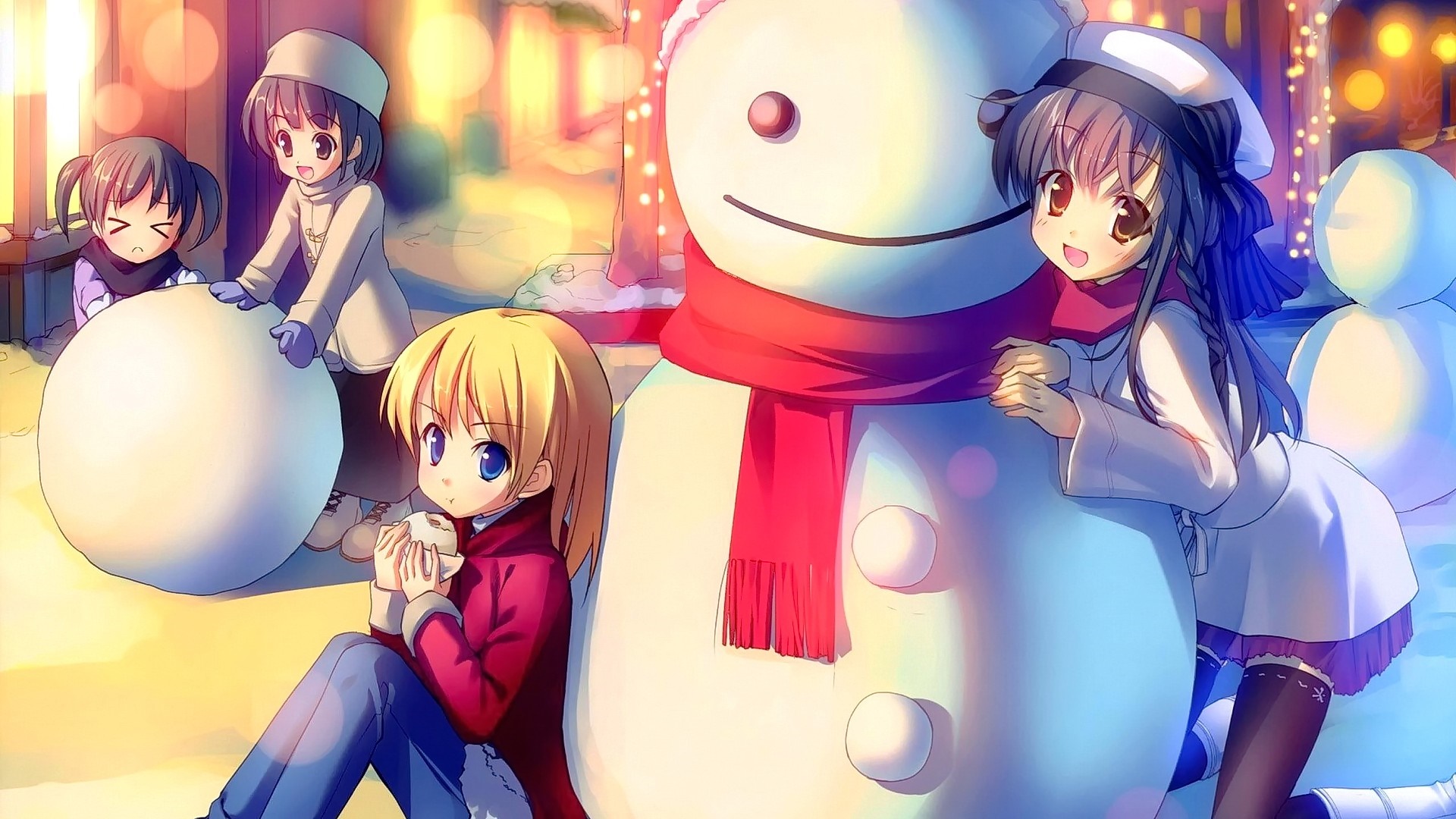 Anime girls building a snowman in winter HD Wallpaper