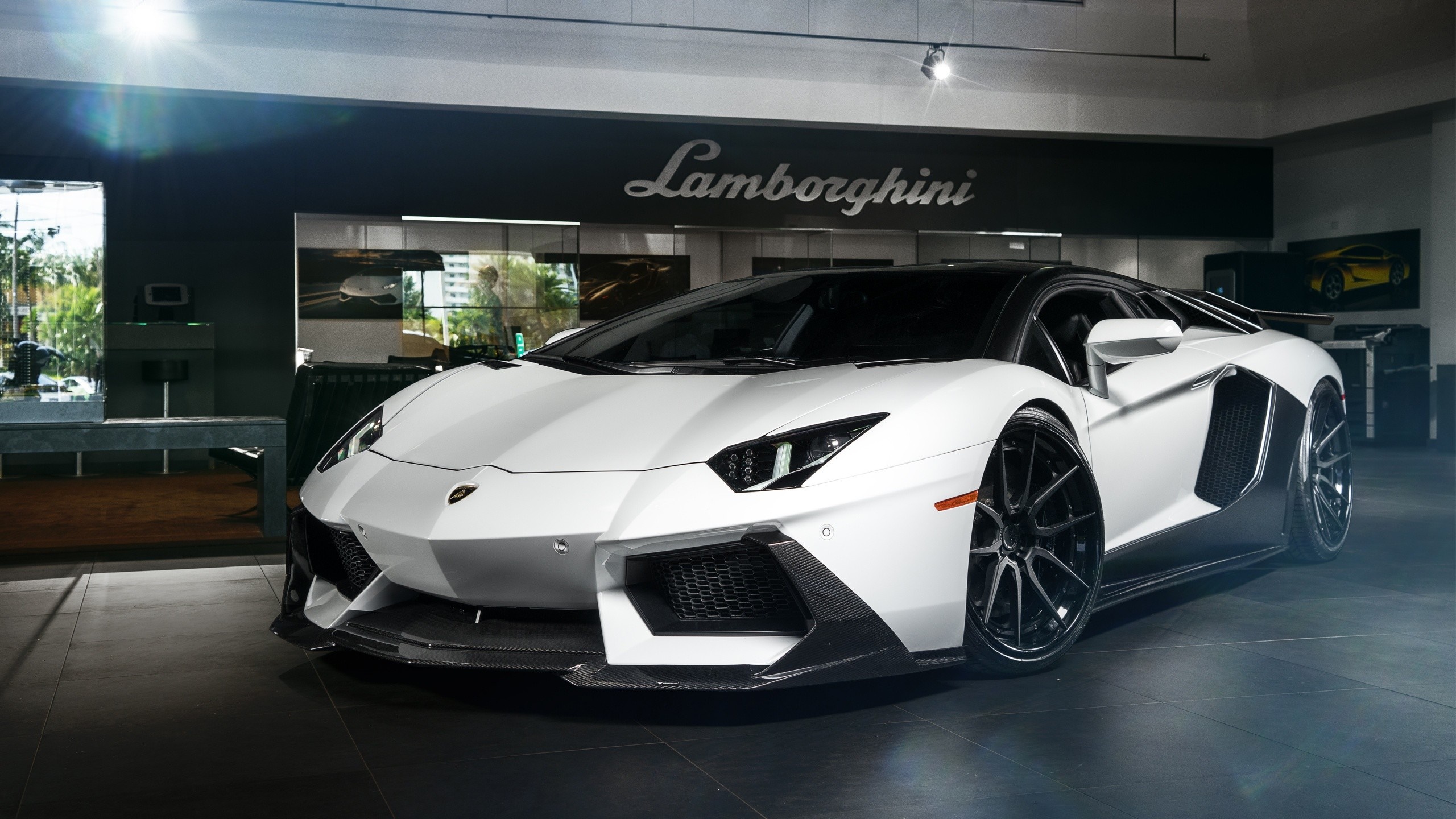 White Lamborghini Aventador in showroom HD Wallpaper