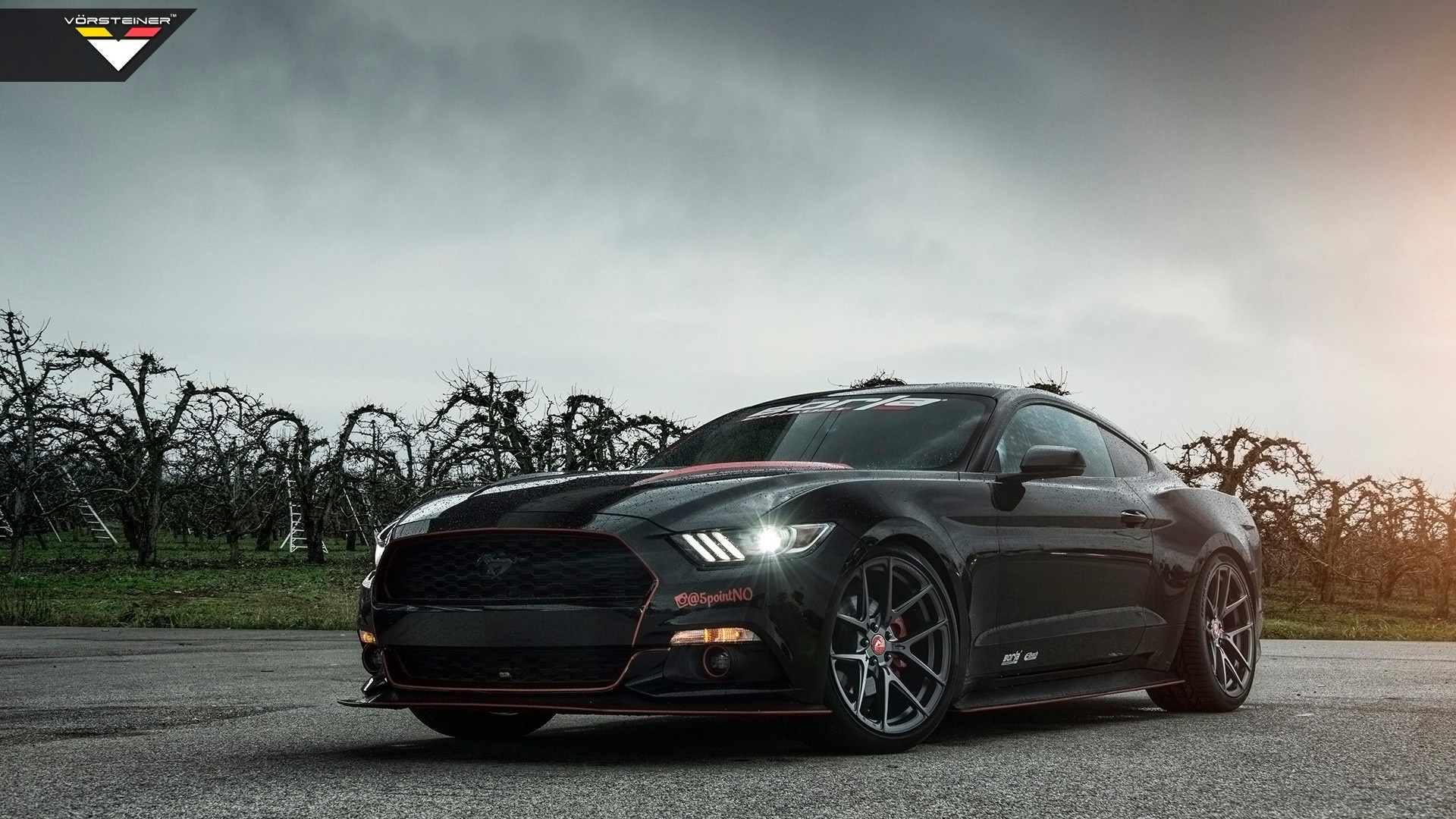 Black Vorsteiner Ford Mustang in an orchard HD Wallpaper