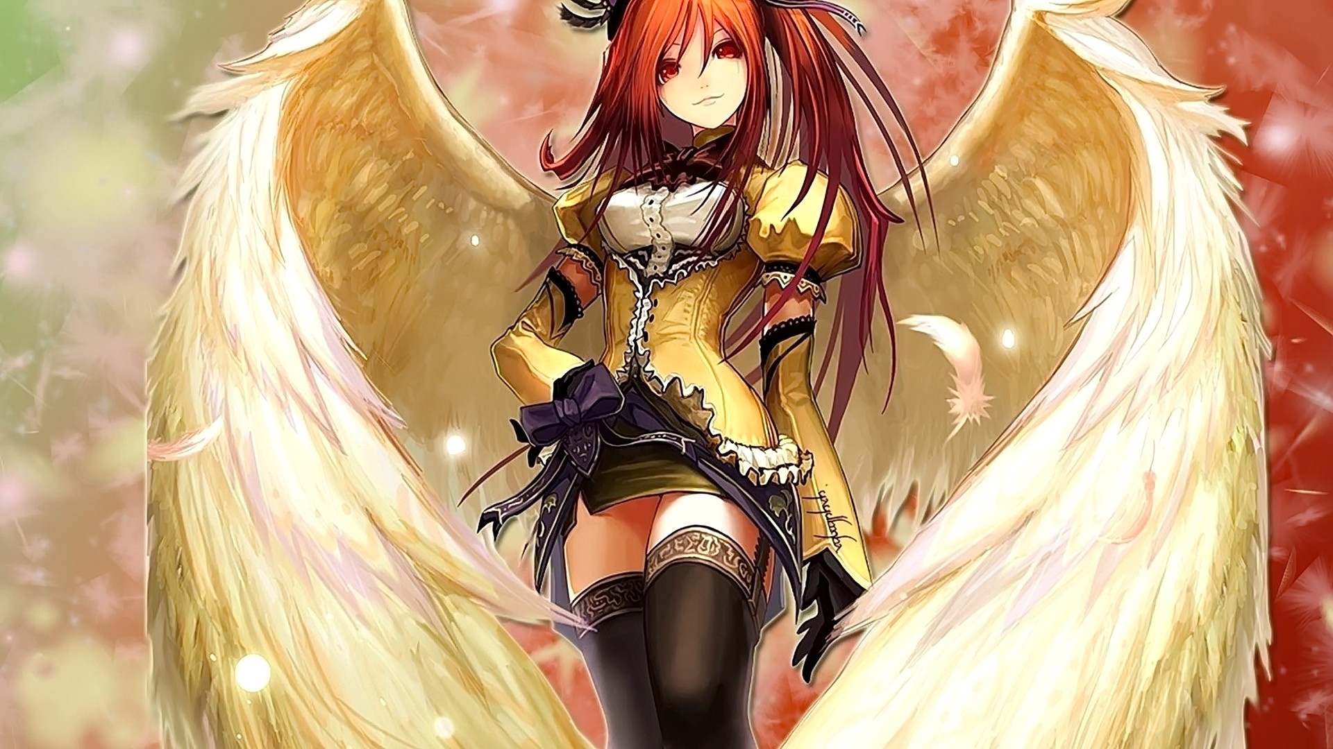 Anime woman with large golden wings and red hair HD Wallpaper