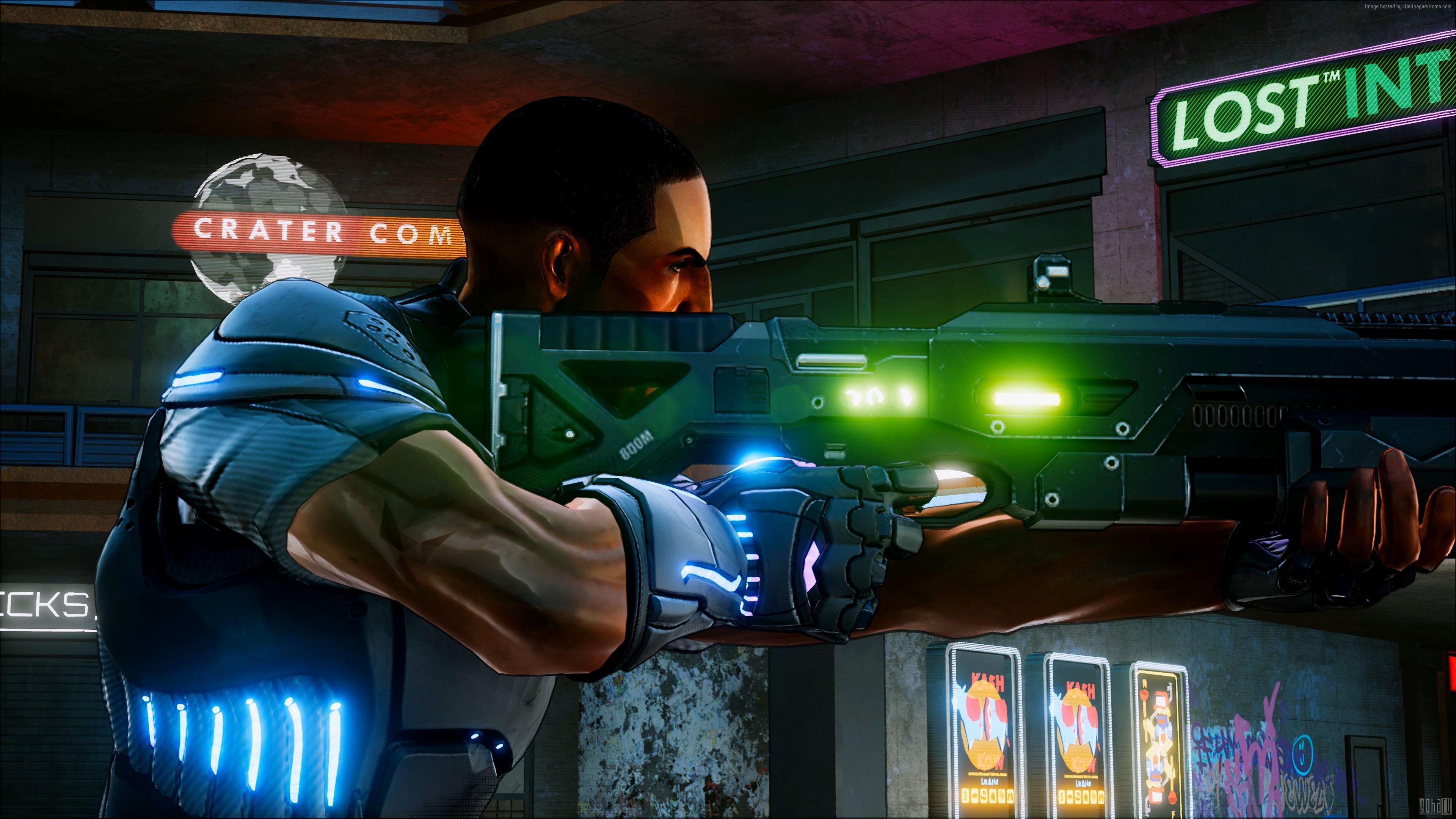 Crackdown 3 character aiming a futuristic weapon HD Wallpaper