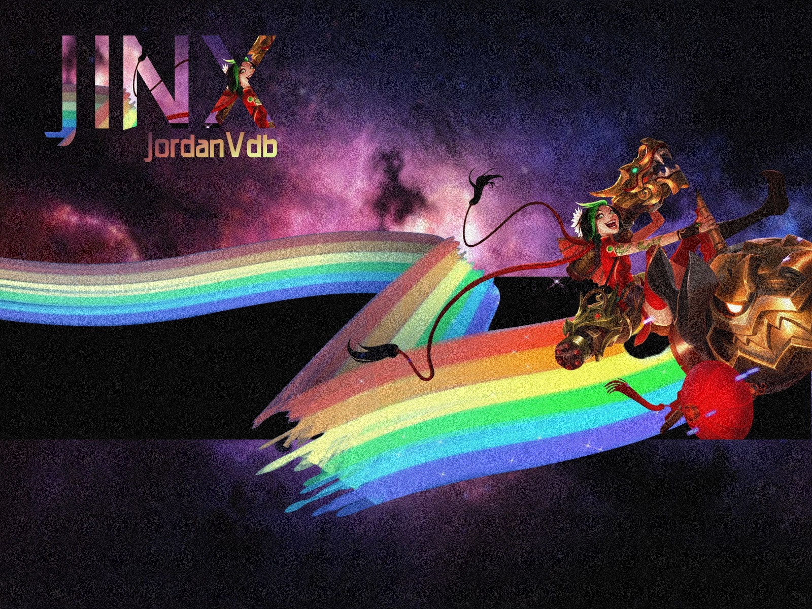 Jinx from League of Legends riding a creature with a rainbow trail HD Wallpaper