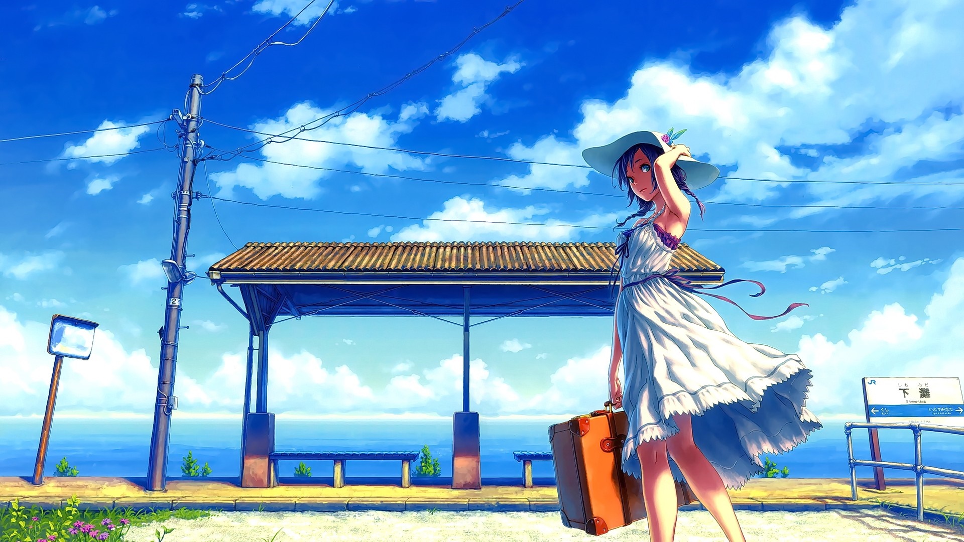 Anime girl with suitcase at a bus stop by the sea HD Wallpaper