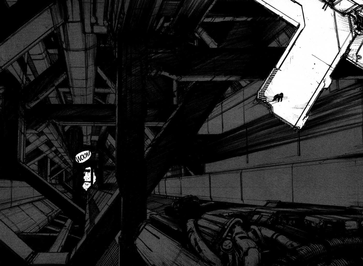 A figure walks through a dark, industrial structure HD Wallpaper