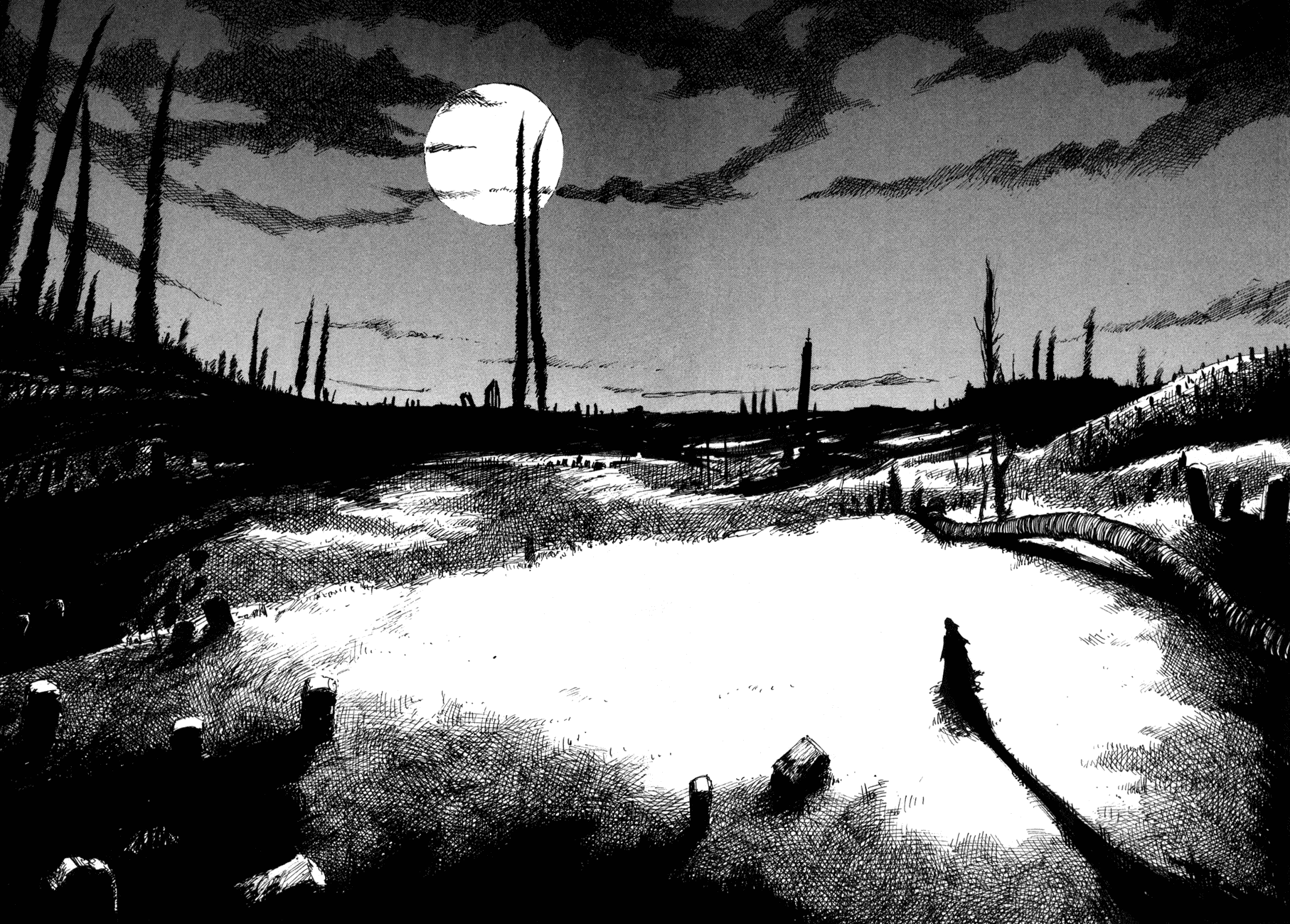 Figure walking in a desolate landscape under a full moon HD Wallpaper