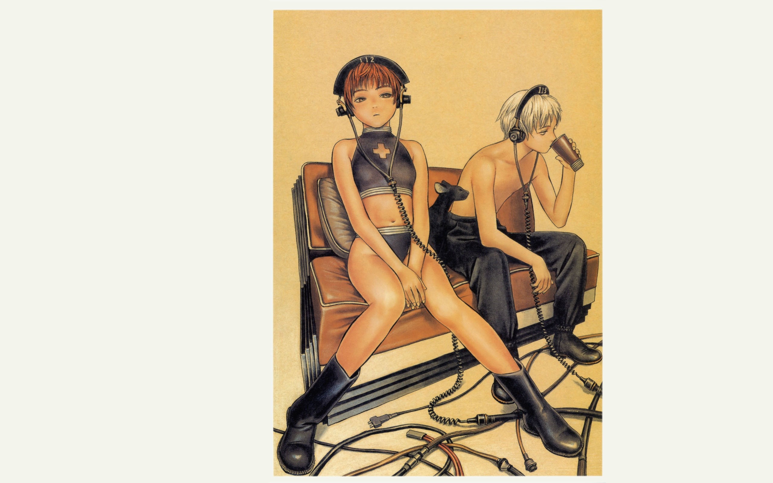 Illustration of two characters with headphones and wires HD Wallpaper
