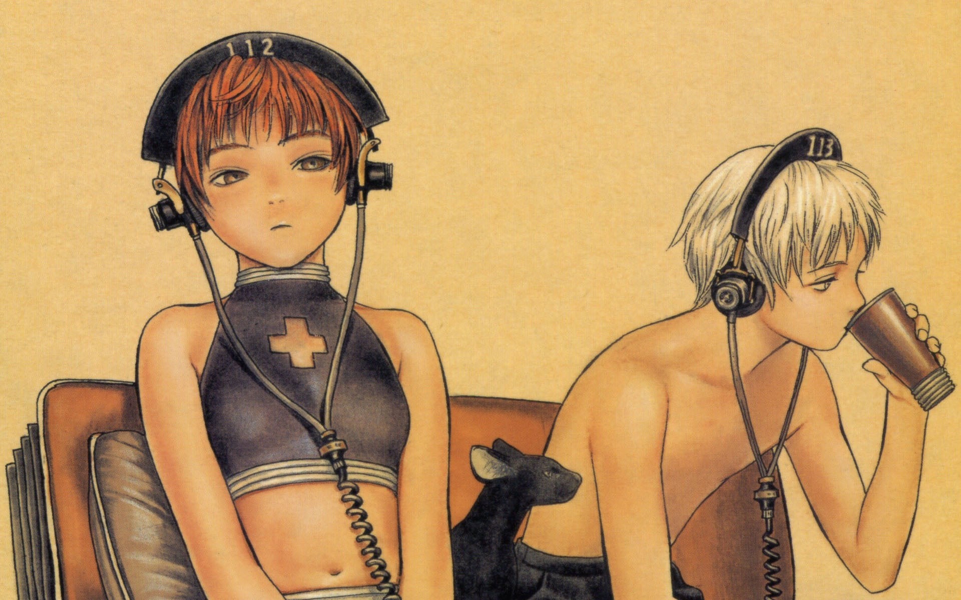 Illustration of two characters with headphones HD Wallpaper