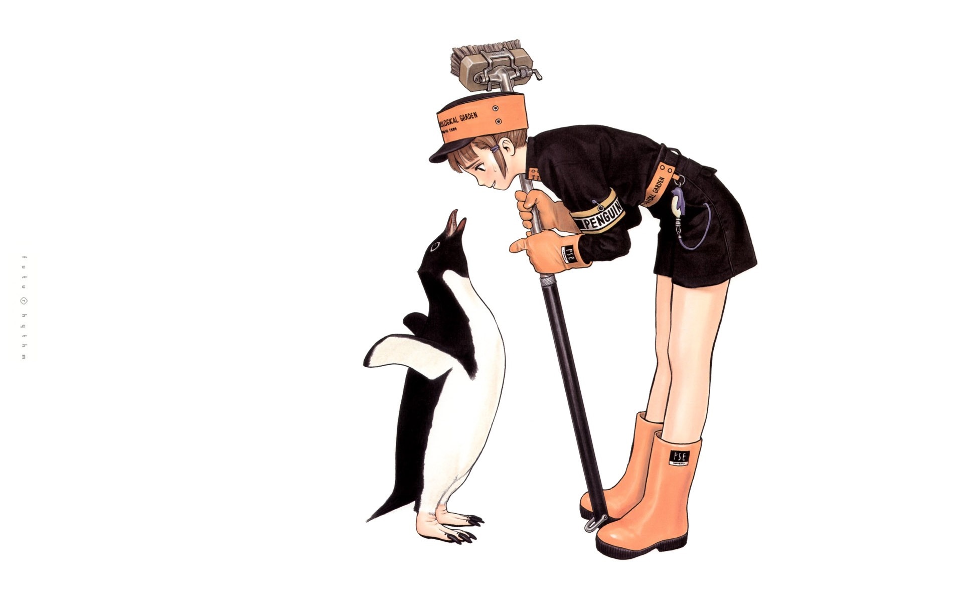 Girl in uniform with a penguin and a mop HD Wallpaper
