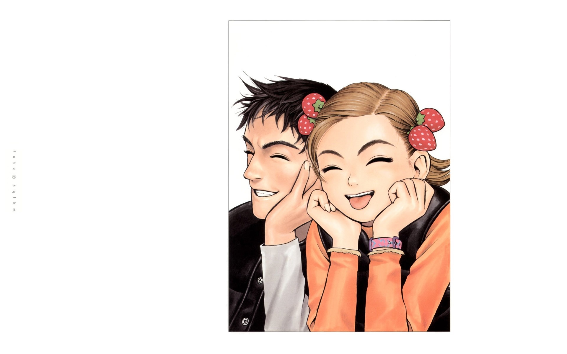Illustration of a smiling couple with strawberries in their hair HD Wallpaper