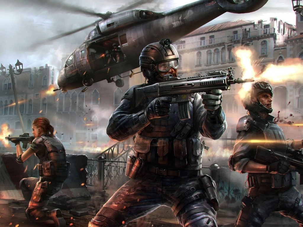 Soldiers in combat with a helicopter overhead HD Wallpaper