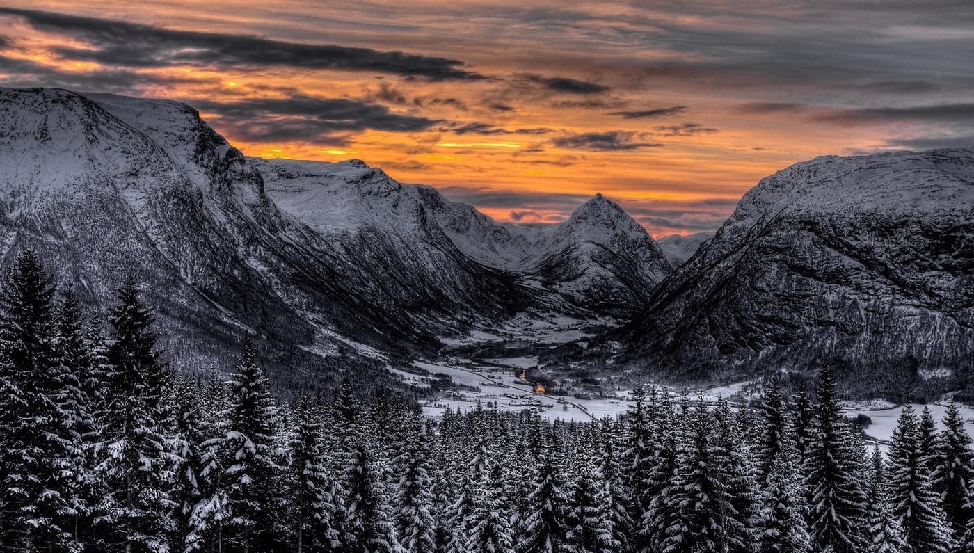 Snowy mountains and pine forest at sunset HD Wallpaper