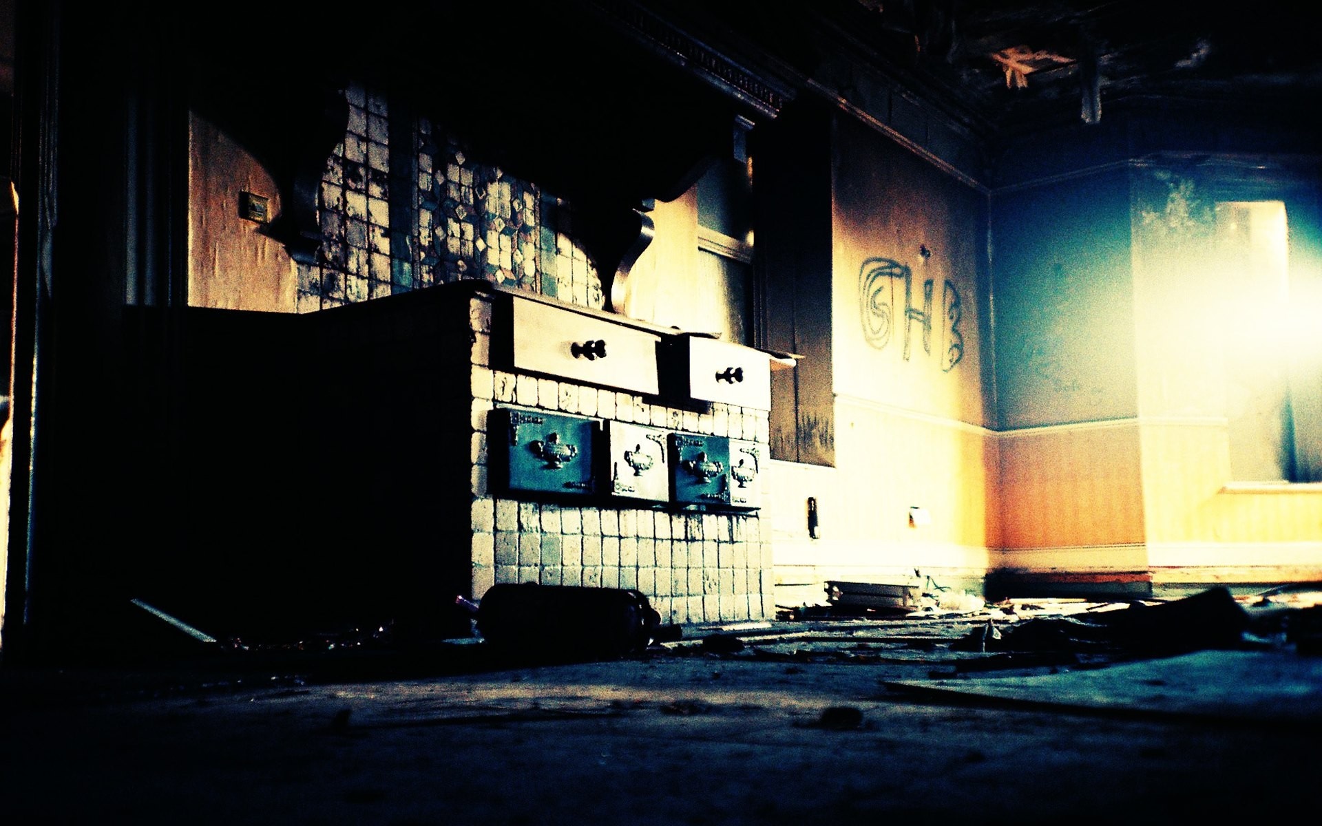 Abandoned kitchen with graffiti and bright light HD Wallpaper
