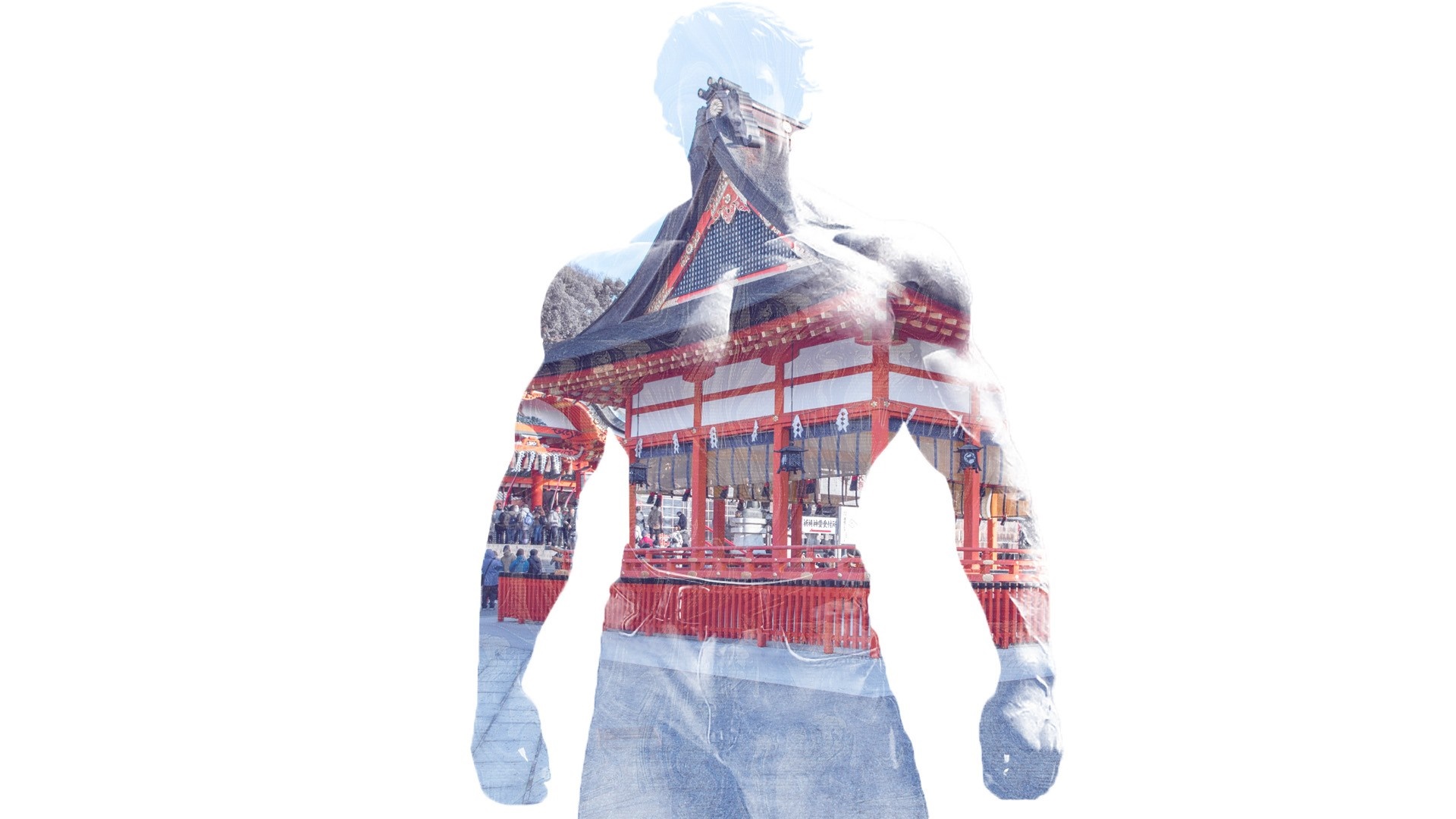 Double exposure of muscular man and Japanese temple HD Wallpaper