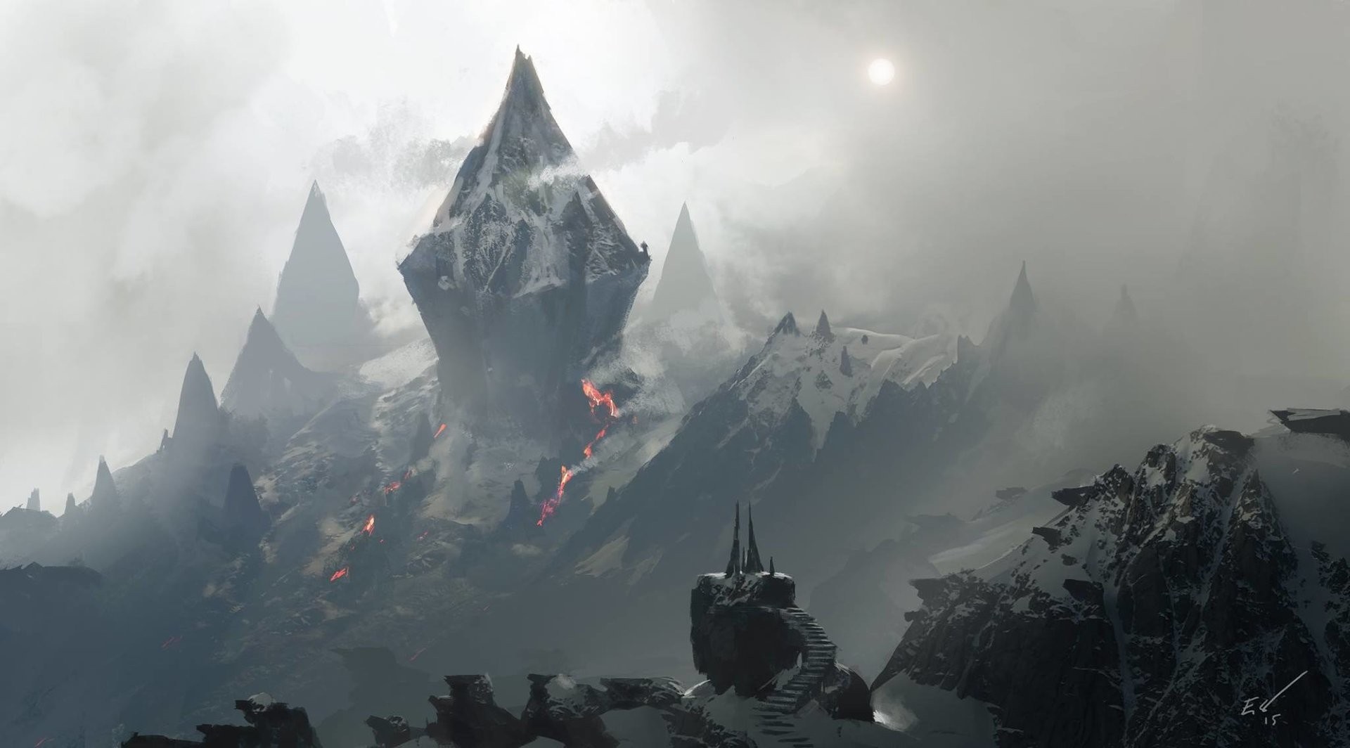 Fantasy volcanic mountains with lava and snow HD Wallpaper