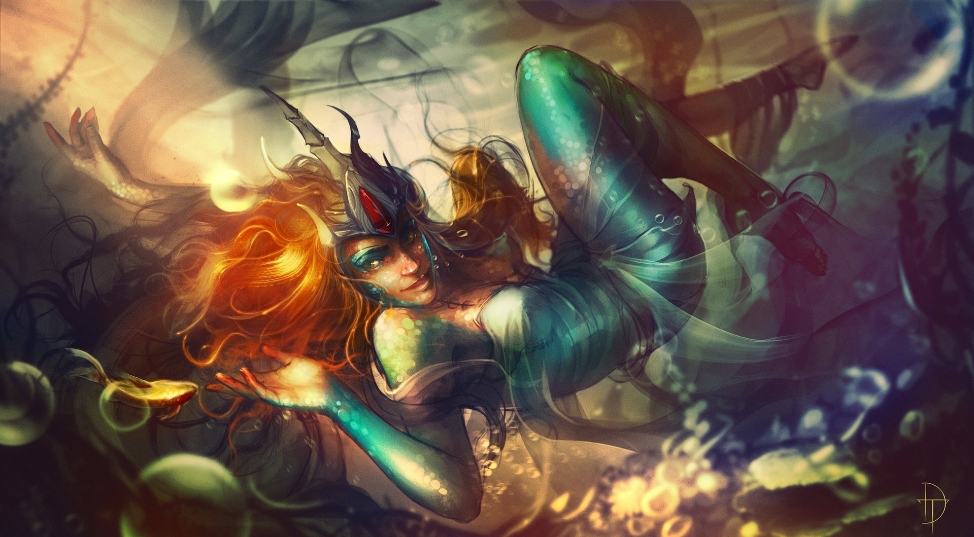Fantasy mermaid with orange hair and armor HD Wallpaper
