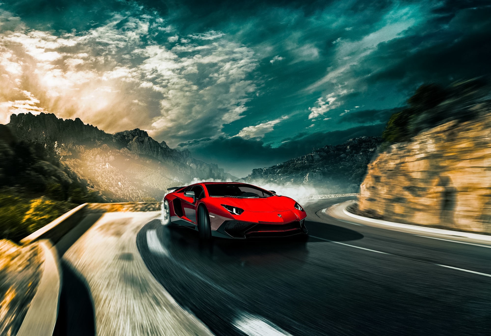 Red Lamborghini Aventador driving on a mountain road HD Wallpaper