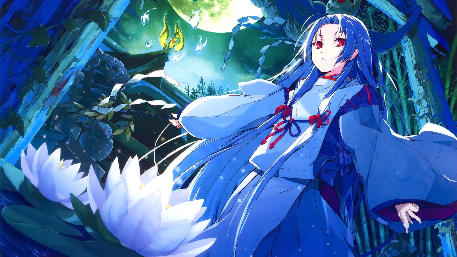 Anime girl with blue hair and red eyes in a shrine HD Wallpaper