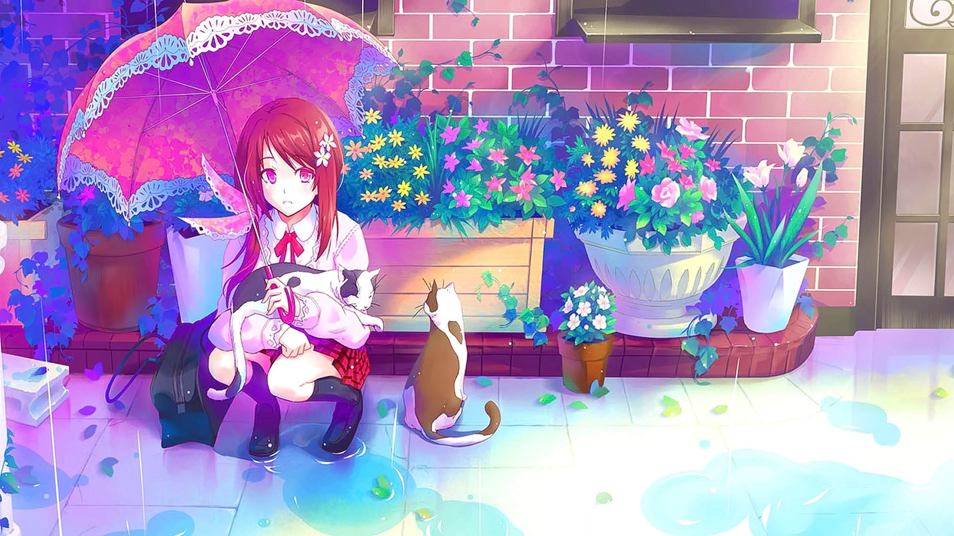 Anime girl with cats under umbrella in rain HD Wallpaper