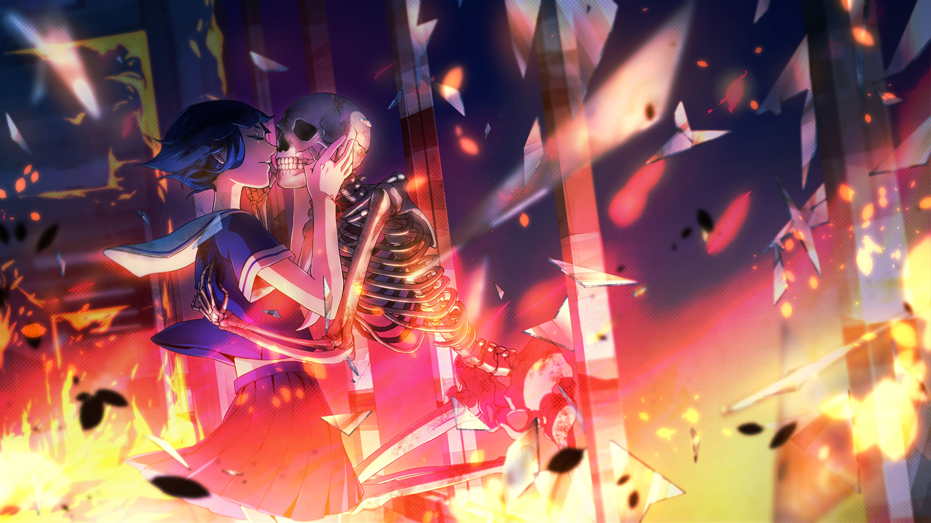 Girl kissing a skeleton with shattered glass and fire HD Wallpaper