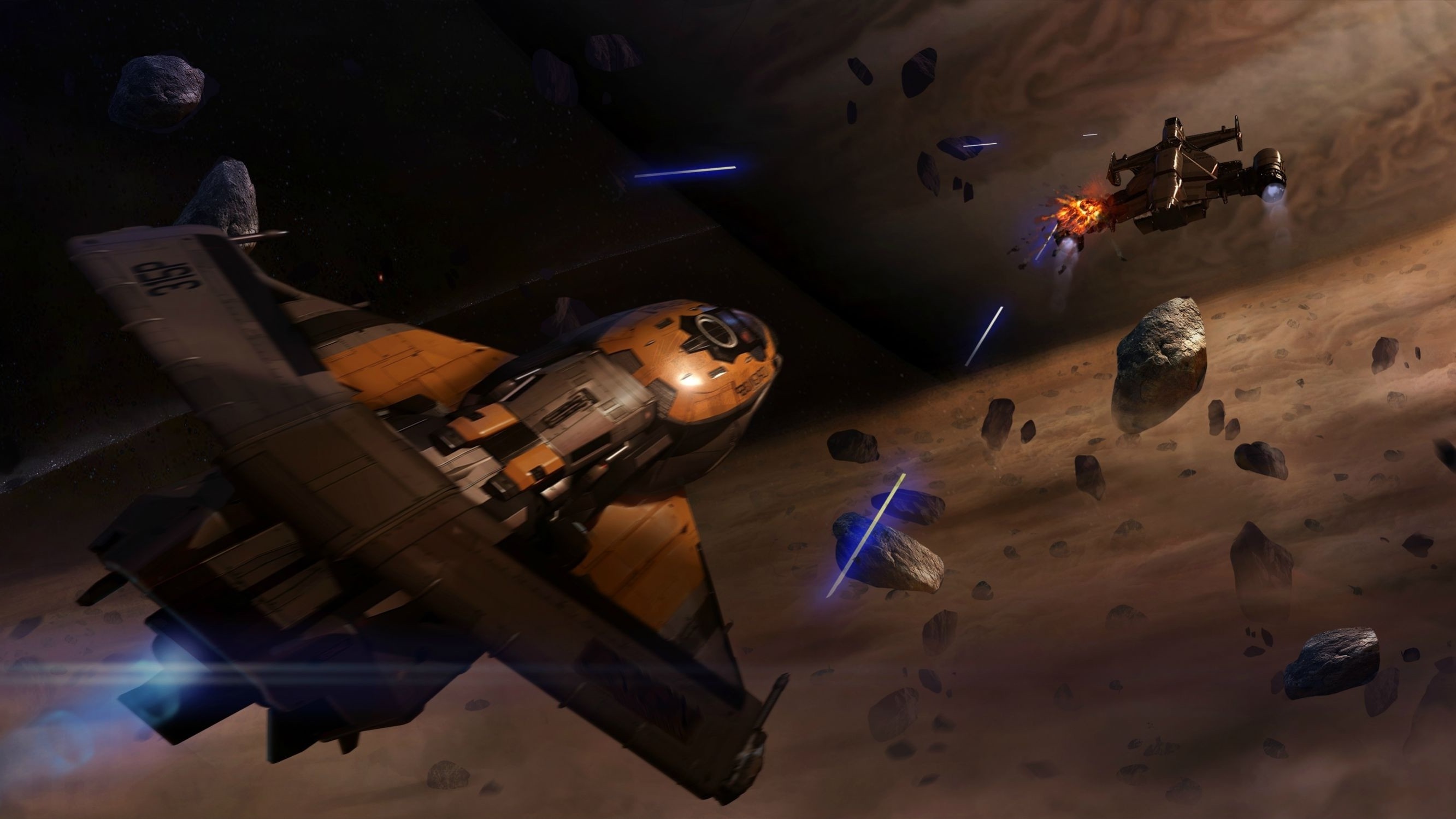 Star Citizen space battle with ships and asteroids HD Wallpaper