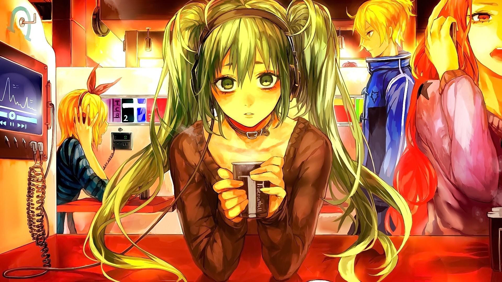 Anime characters in a cafe with headphones HD Wallpaper
