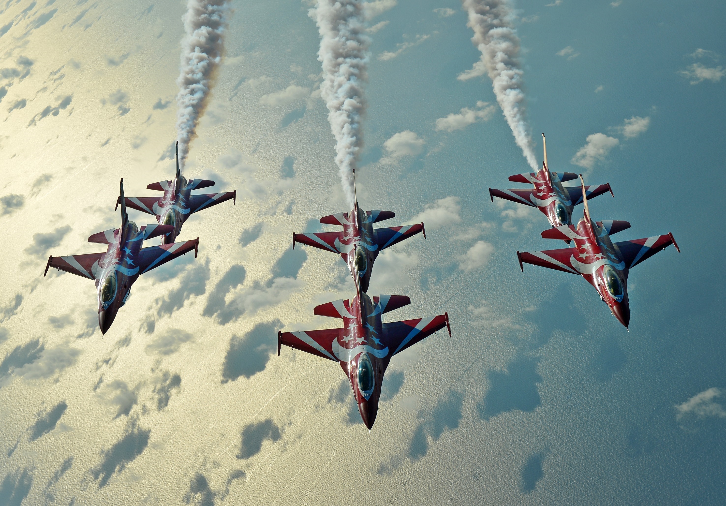 Five fighter jets performing aerobatics with smoke trails HD Wallpaper