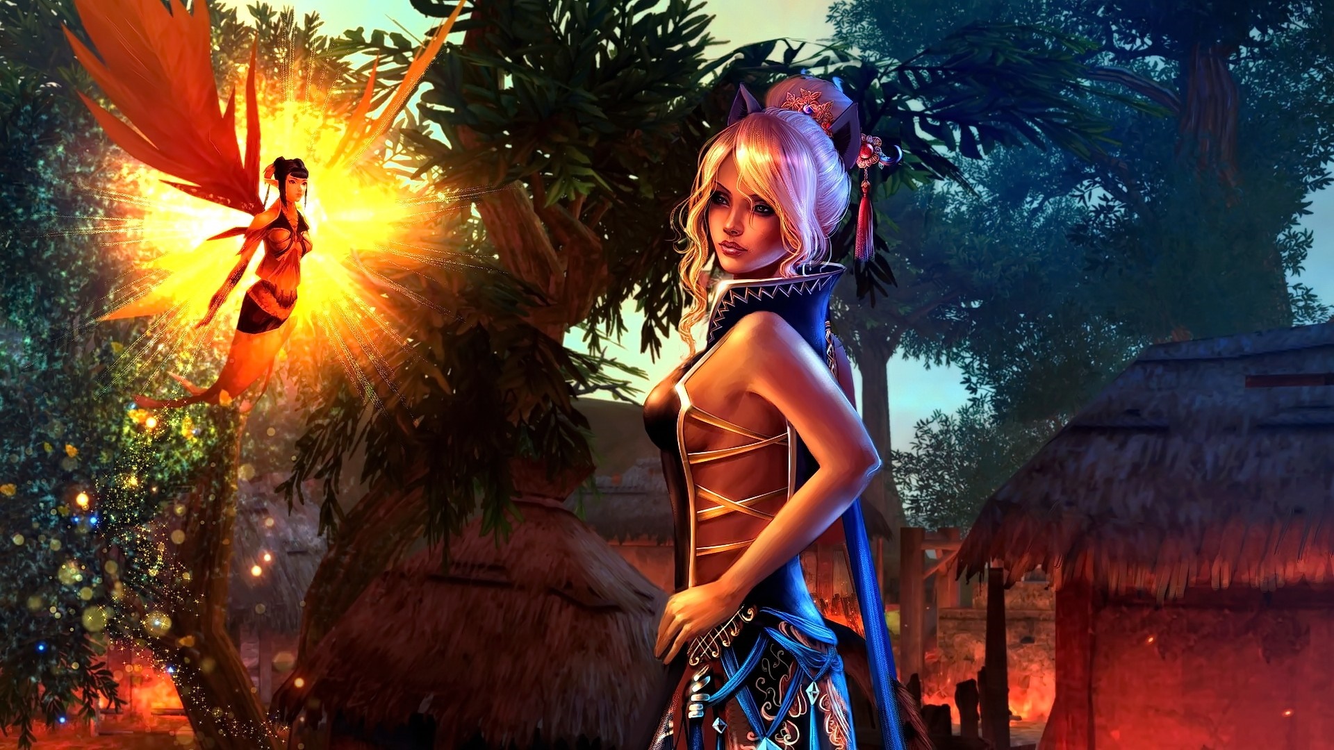 Two anime girls in a fantasy forest setting HD Wallpaper